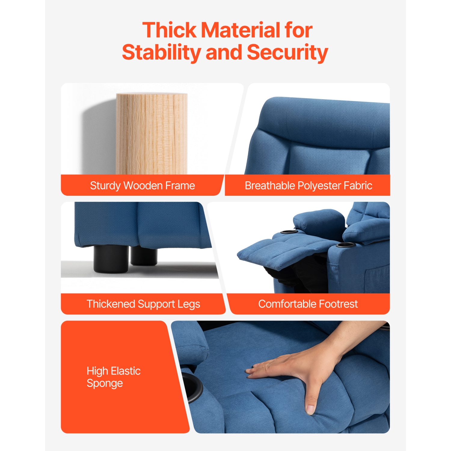 VEVOR 107° to 126° Kids Reclining Chair, Toddler Recliner with Cup Holders and Pockets, Adjustable Backrest, Breathable Polyester Fabric Recliner