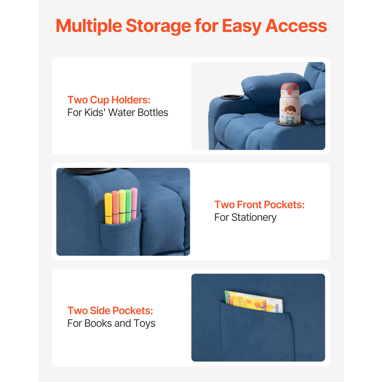 VEVOR 107° to 126° Kids Reclining Chair, Toddler Recliner with Cup Holders and Pockets, Adjustable Backrest, Breathable Polyester Fabric Recliner