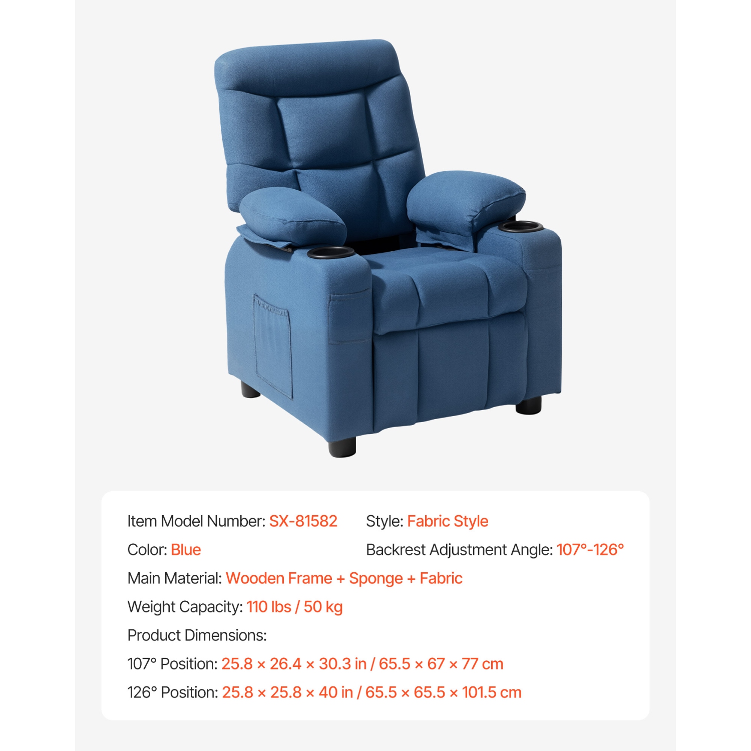 VEVOR 107° to 126° Kids Reclining Chair, Toddler Recliner with Cup Holders and Pockets, Adjustable Backrest, Breathable Polyester Fabric Recliner