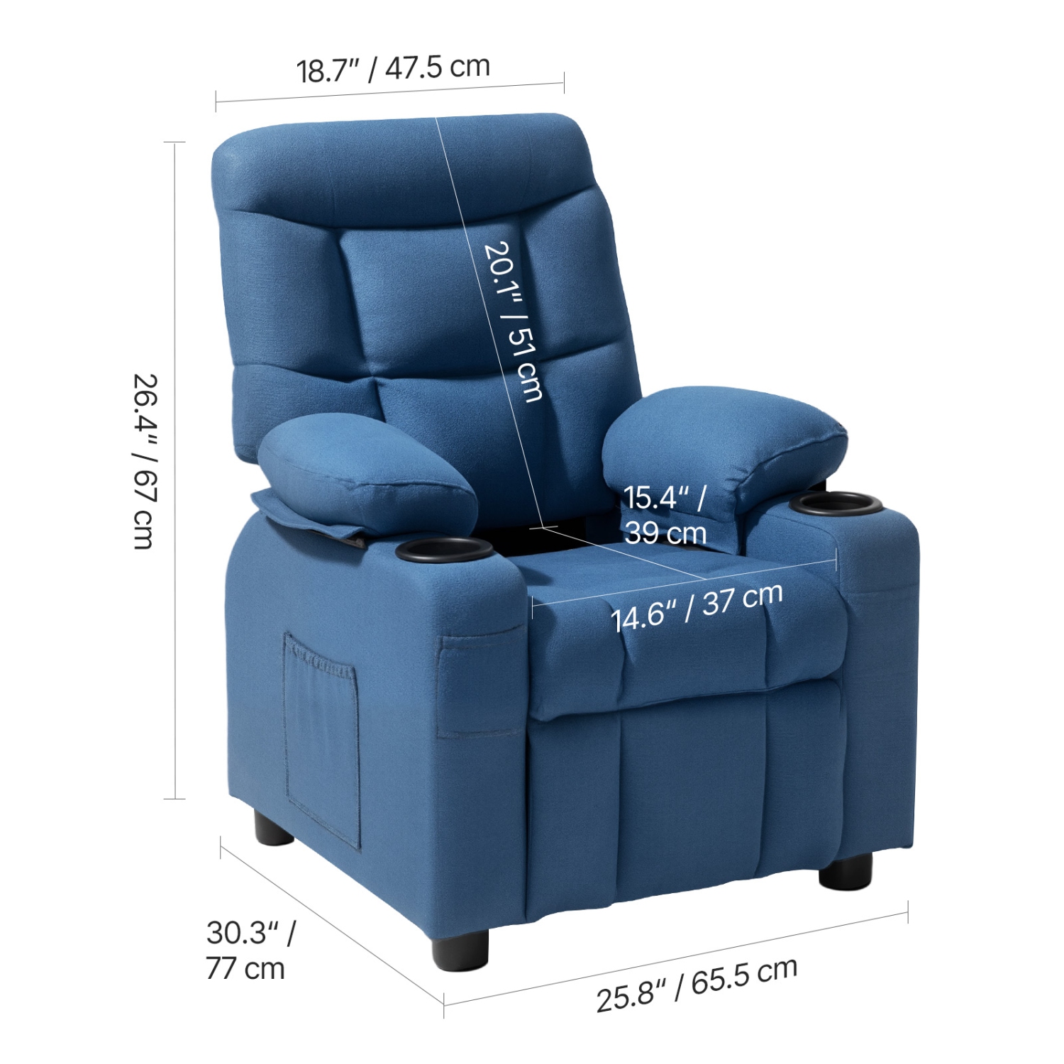 VEVOR 107° to 126° Kids Reclining Chair, Toddler Recliner with Cup Holders and Pockets, Adjustable Backrest, Breathable Polyester Fabric Recliner