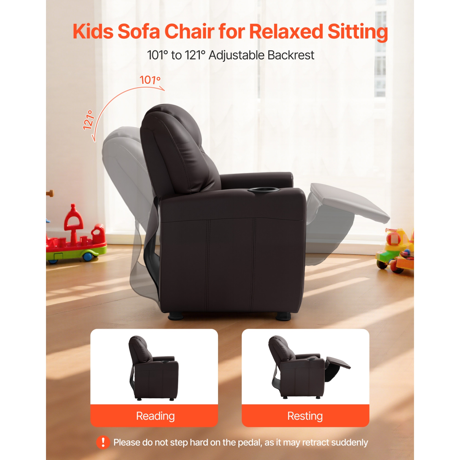 VEVOR 101° to 121° Kids Reclining Chair, Toddler Recliner with Cup Holder, Adjustable Backrest, Easy-to-Clean PU Leather Recliner Couch with