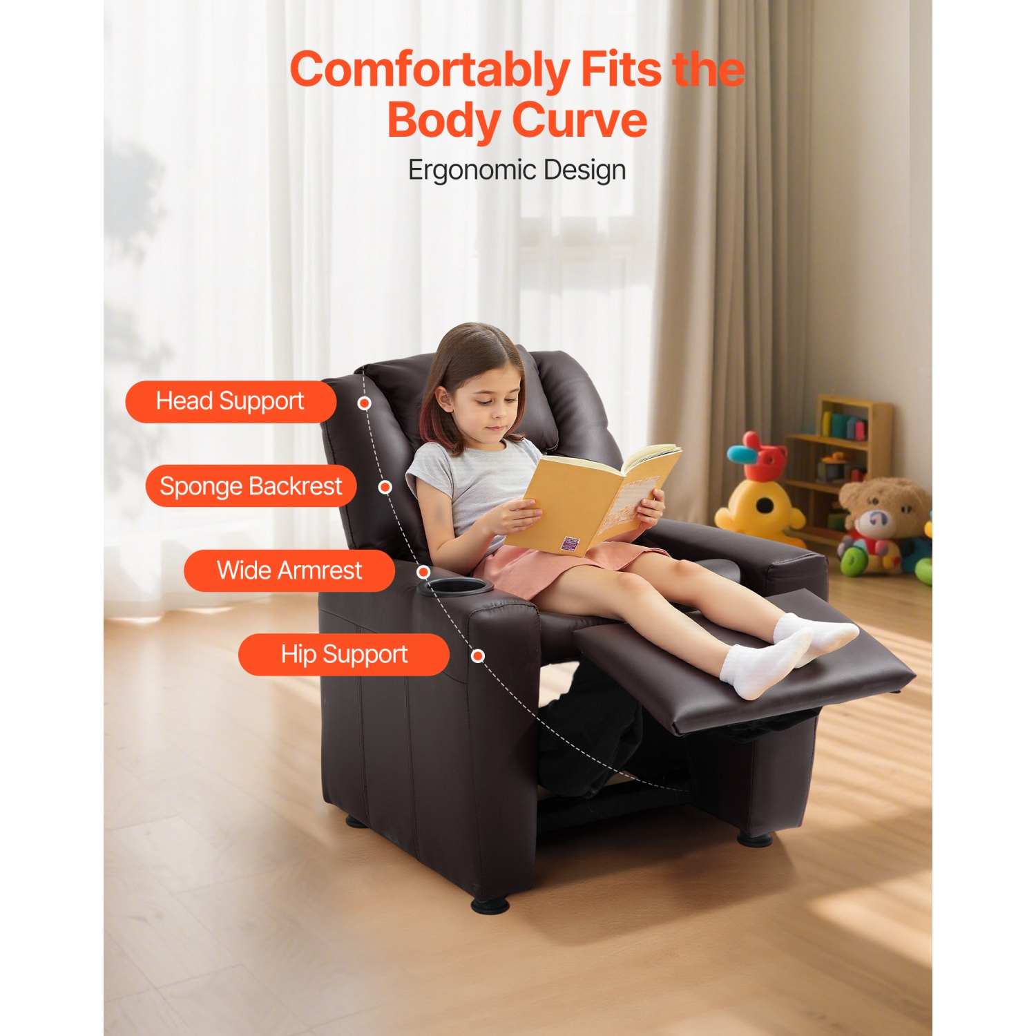 VEVOR 101° to 121° Kids Reclining Chair, Toddler Recliner with Cup Holder, Adjustable Backrest, Easy-to-Clean PU Leather Recliner Couch with