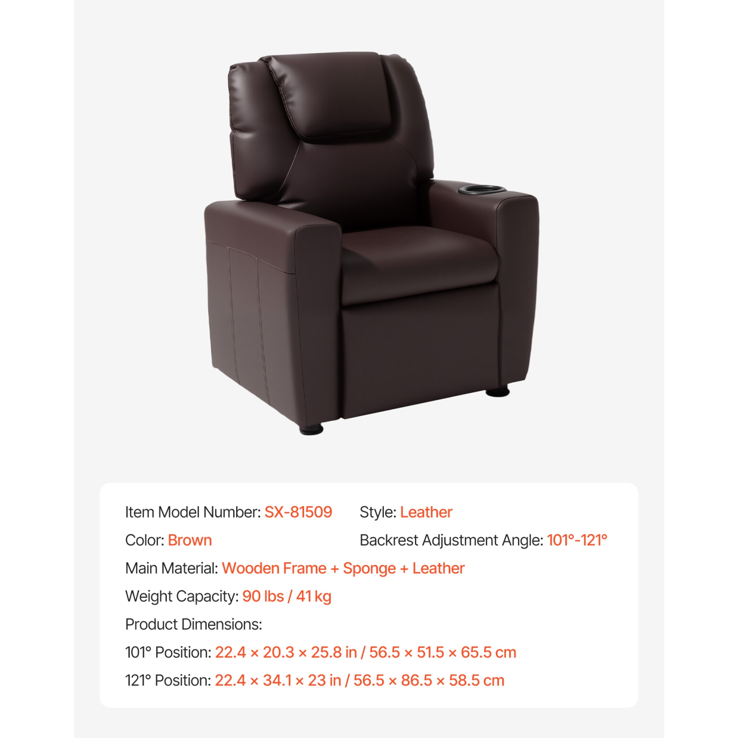 VEVOR 101° to 121° Kids Reclining Chair, Toddler Recliner with Cup Holder, Adjustable Backrest, Easy-to-Clean PU Leather Recliner Couch with