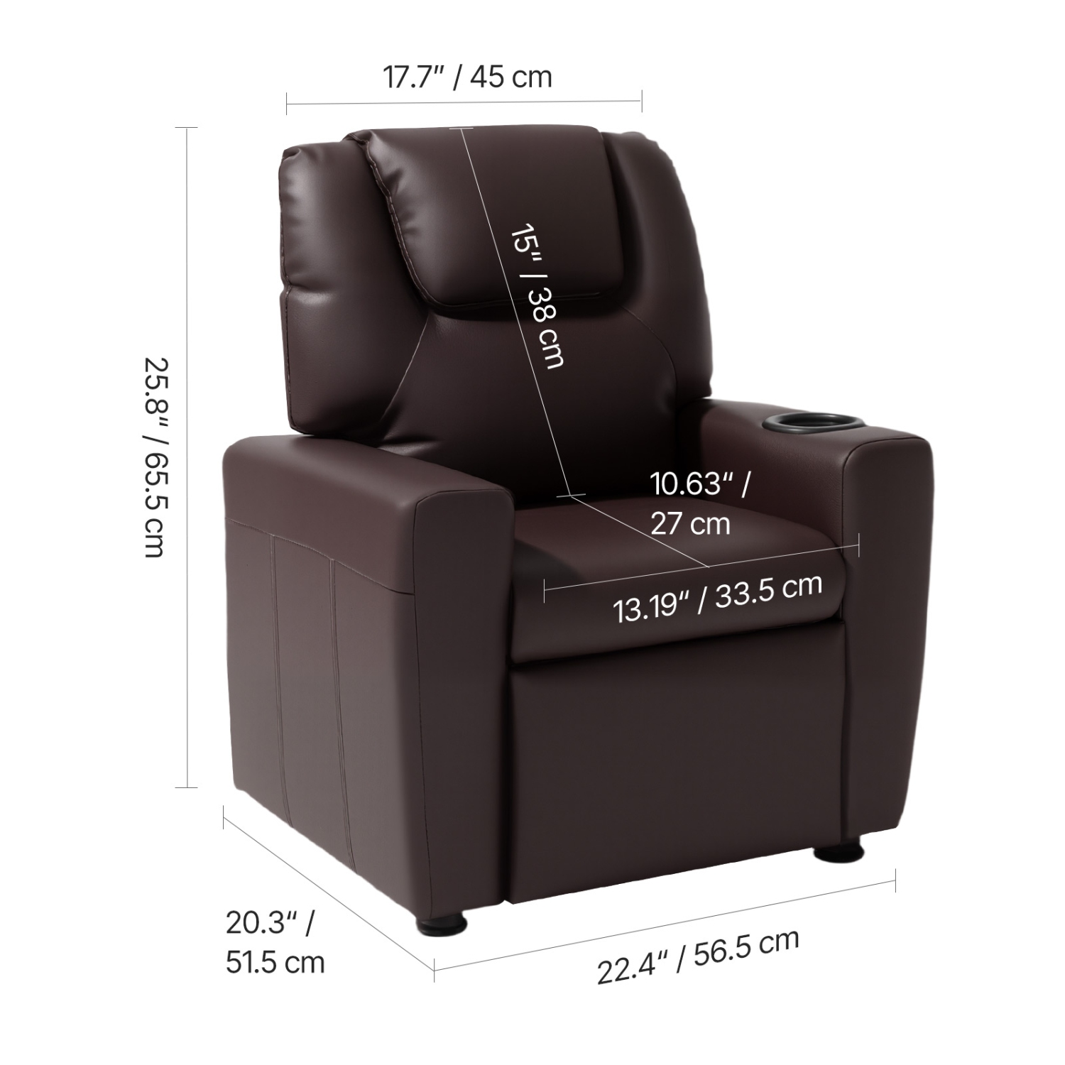 VEVOR 101° to 121° Kids Reclining Chair, Toddler Recliner with Cup Holder, Adjustable Backrest, Easy-to-Clean PU Leather Recliner Couch with