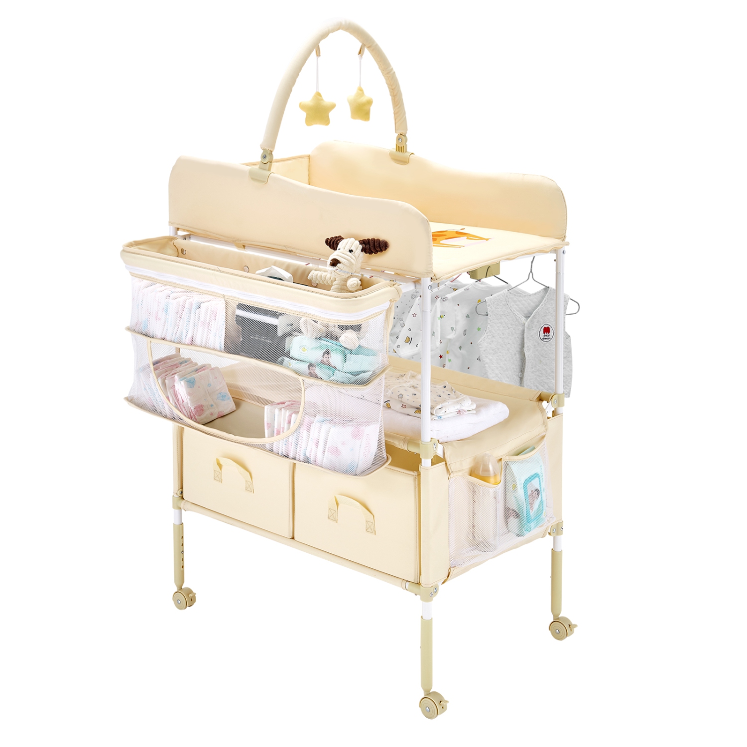 VEVOR 2 Drawers Baby Changing Table, Foldable Diaper Change Station, Side Basket & Hanging Rod, Adjustable Height Changing Table with Lockable Wheels
