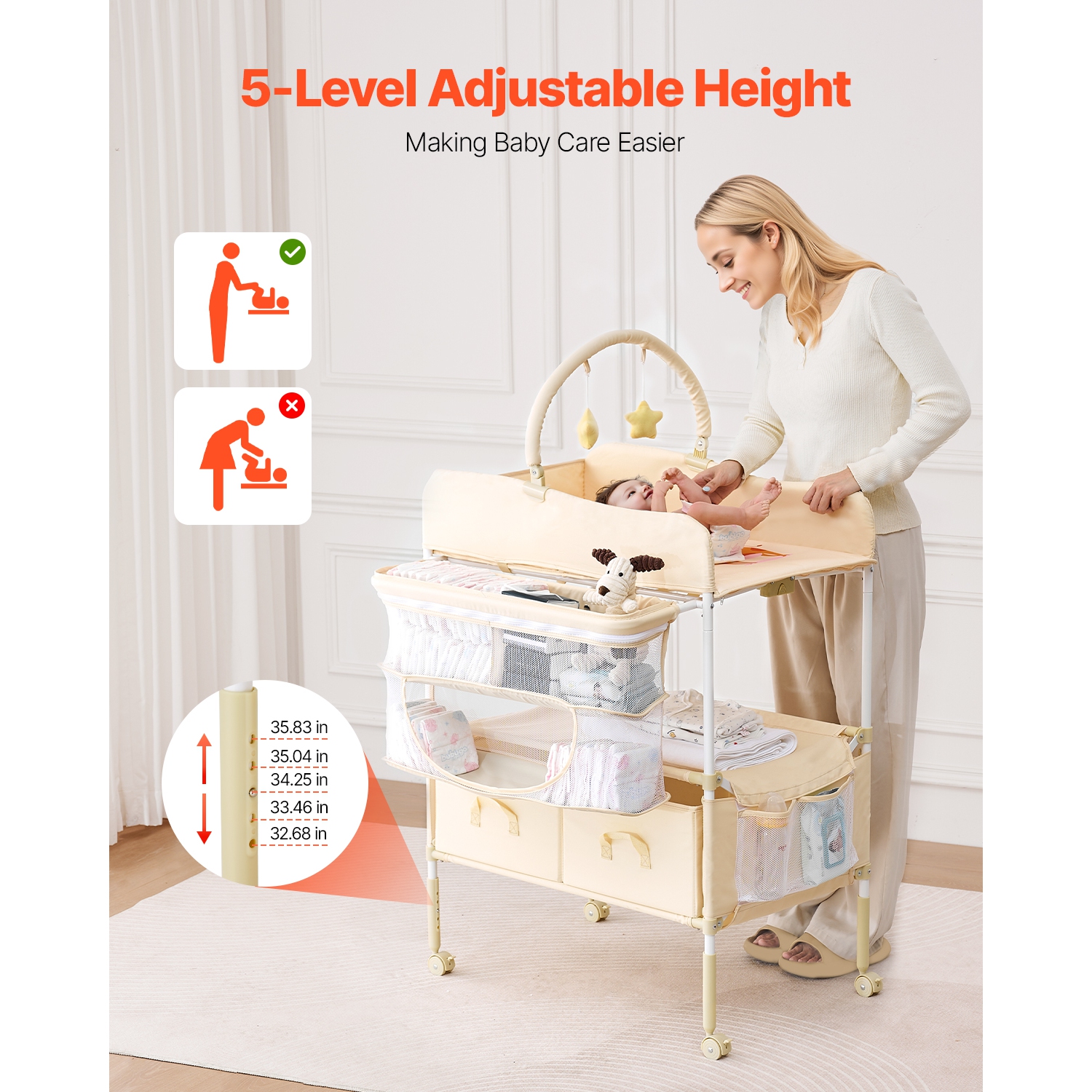 VEVOR 2 Drawers Baby Changing Table, Foldable Diaper Change Station, Side Basket & Hanging Rod, Adjustable Height Changing Table with Lockable Wheels