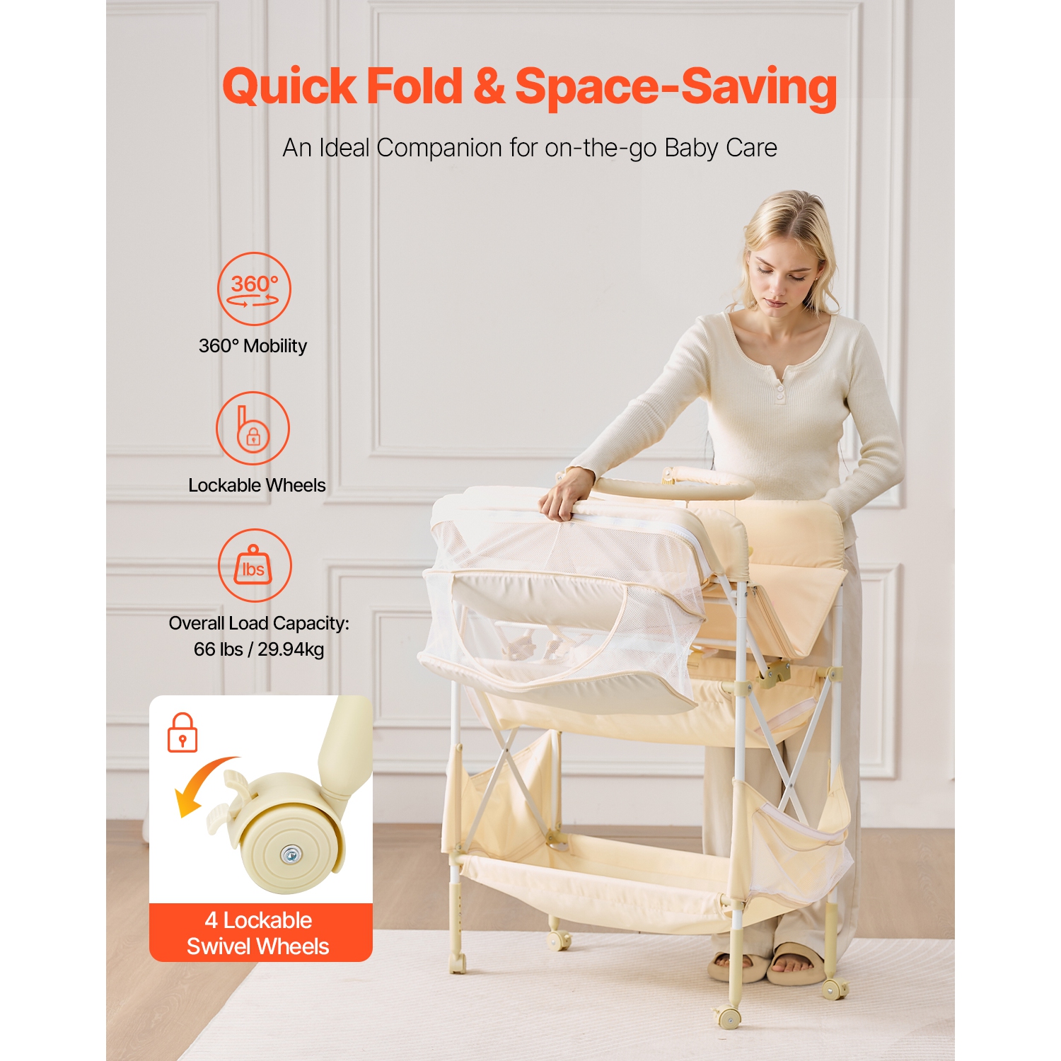 VEVOR 2 Drawers Baby Changing Table, Foldable Diaper Change Station, Side Basket & Hanging Rod, Adjustable Height Changing Table with Lockable Wheels