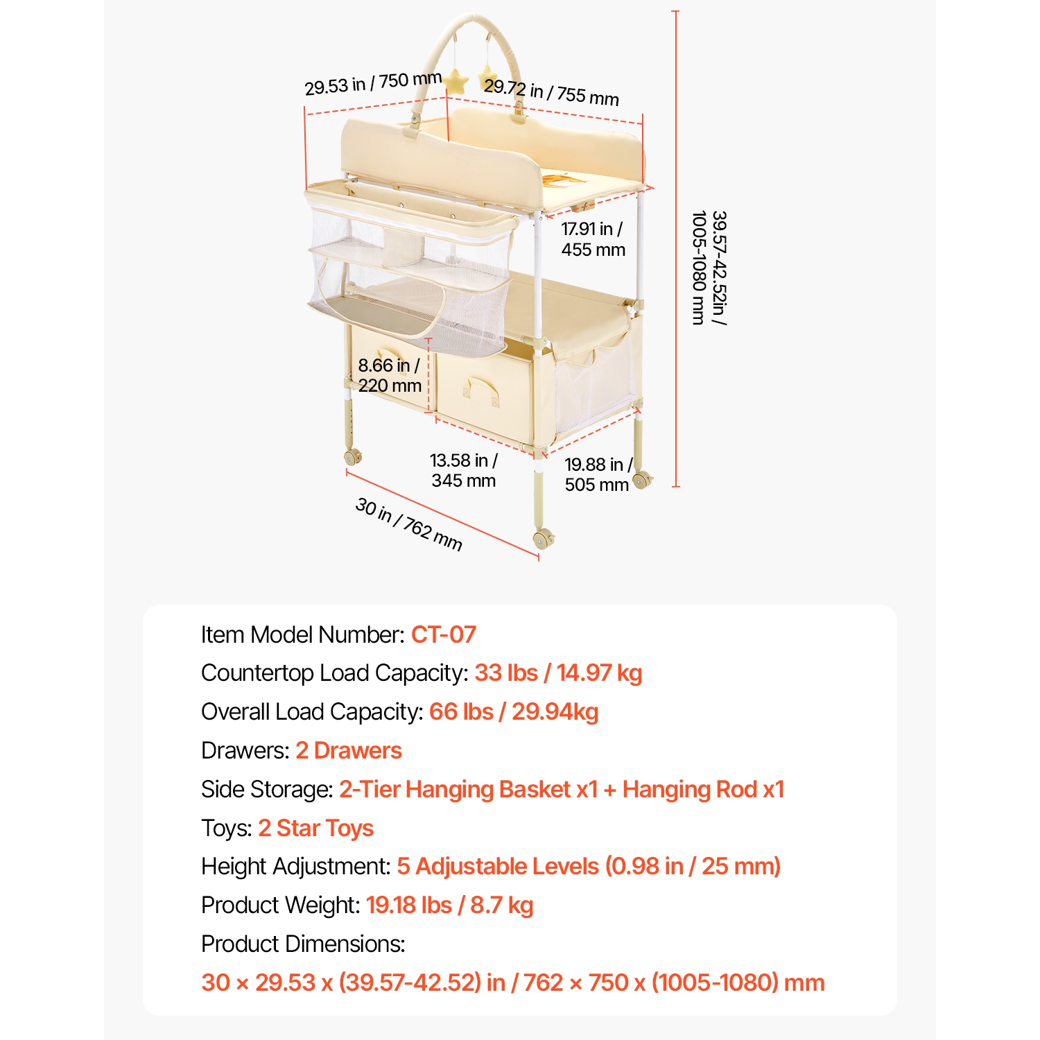 VEVOR 2 Drawers Baby Changing Table, Foldable Diaper Change Station, Side Basket & Hanging Rod, Adjustable Height Changing Table with Lockable Wheels