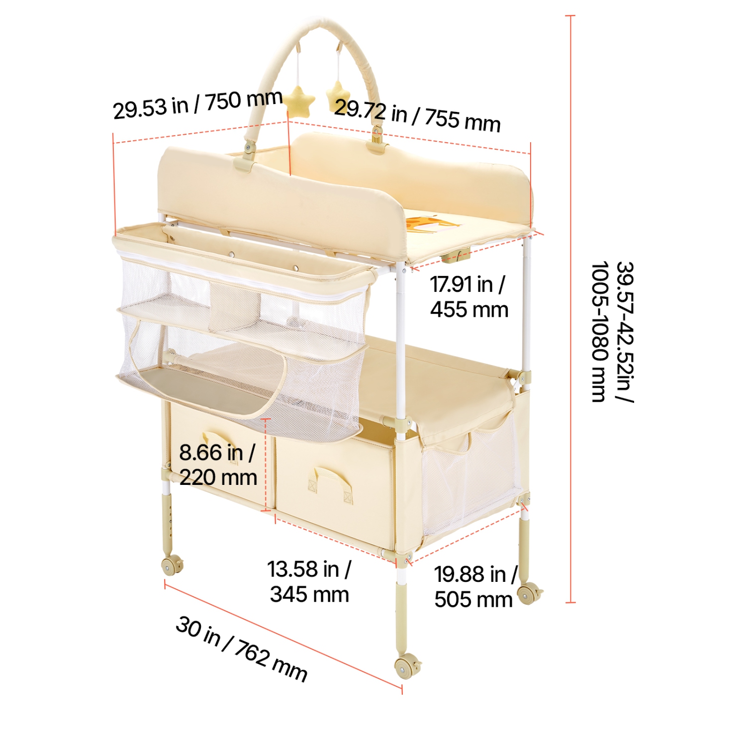 VEVOR 2 Drawers Baby Changing Table, Foldable Diaper Change Station, Side Basket & Hanging Rod, Adjustable Height Changing Table with Lockable Wheels
