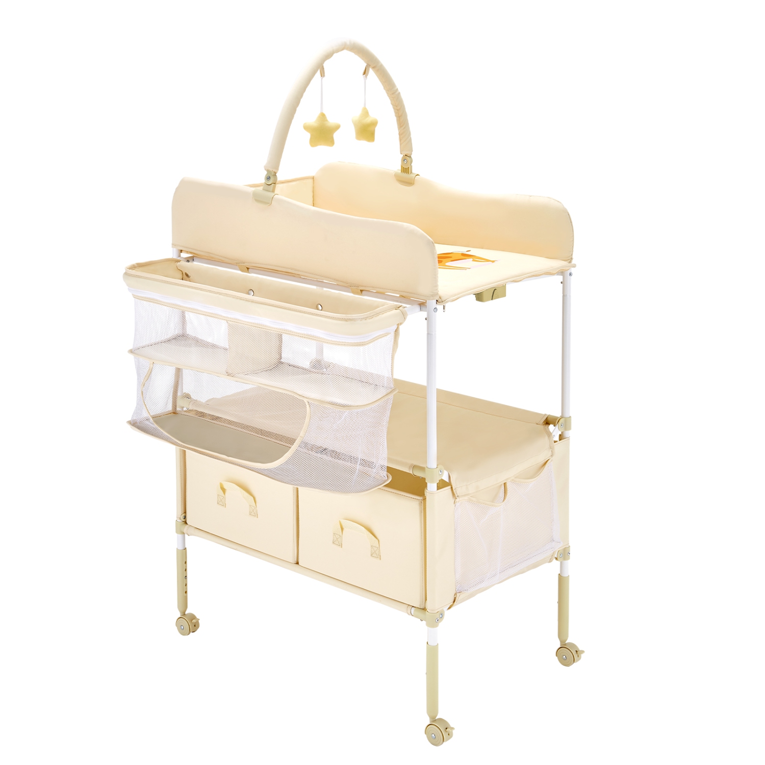 VEVOR 2 Drawers Baby Changing Table, Foldable Diaper Change Station, Side Basket & Hanging Rod, Adjustable Height Changing Table with Lockable Wheels