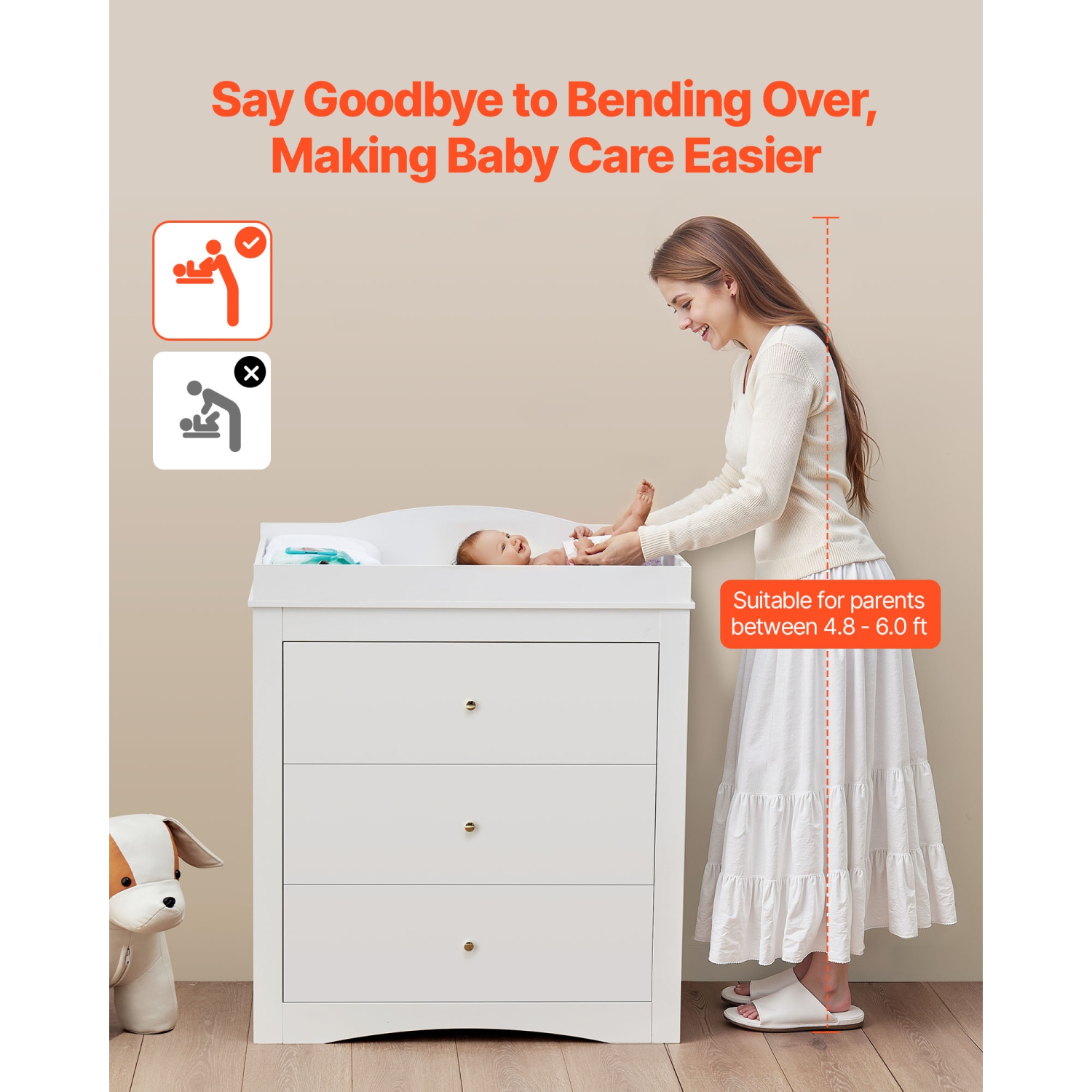 VEVOR 3 Drawers Changing Table Dresser, Baby Diaper Change Station, Multi-Functional Modern Changing Table Dresser with Storage Organizer Nursery for