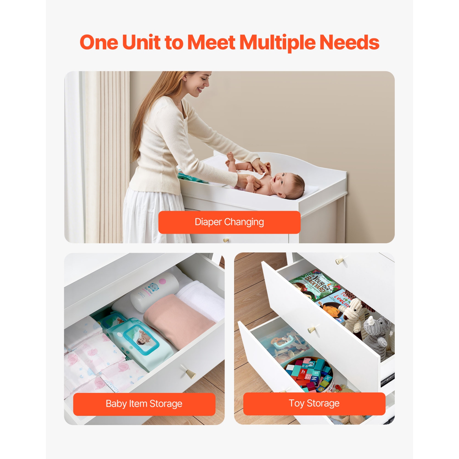 VEVOR 3 Drawers Changing Table Dresser, Baby Diaper Change Station, Multi-Functional Modern Changing Table Dresser with Storage Organizer Nursery for