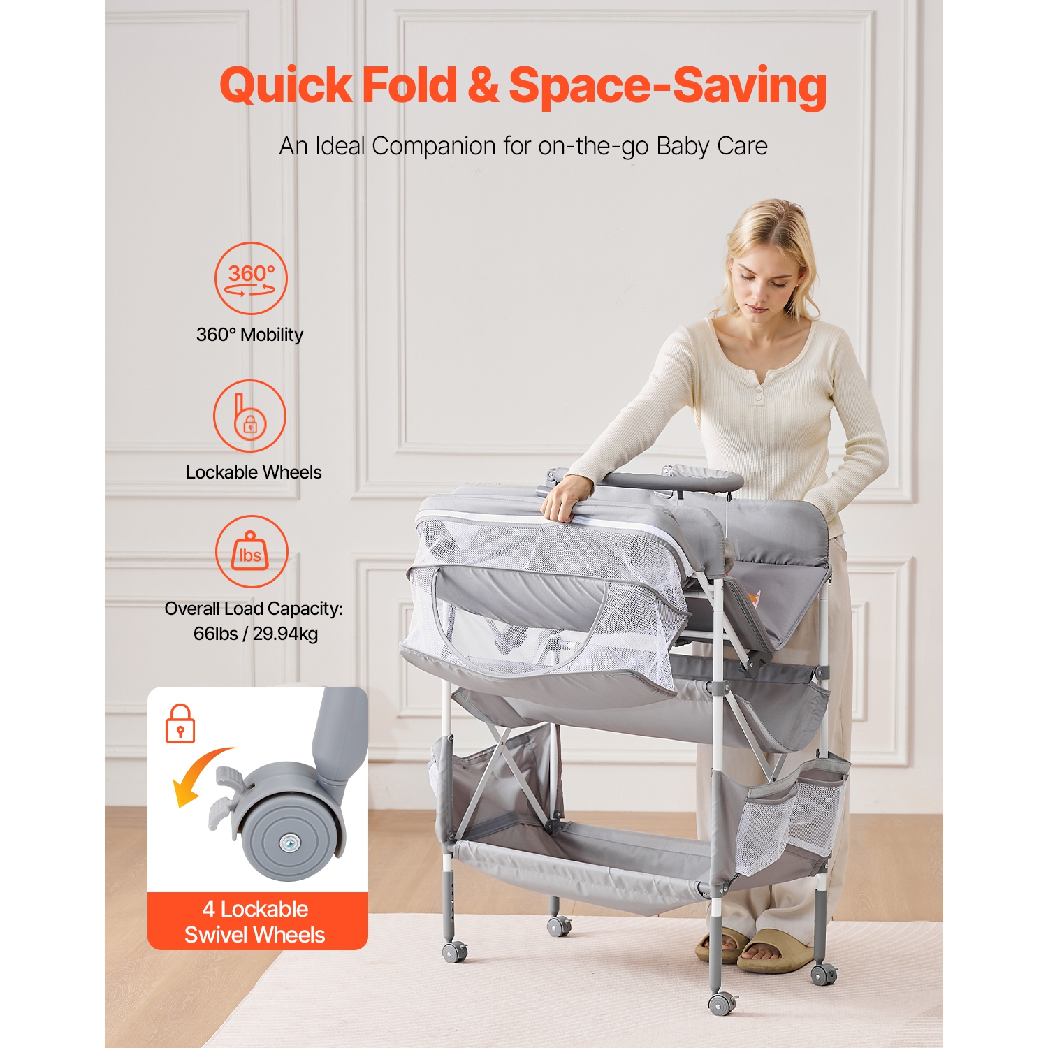 Table à langer à 2 tiroirs VEVOR, table à langer pliable, panier latéral et tige suspendue, table à langer à hauteur réglable avec roulettes