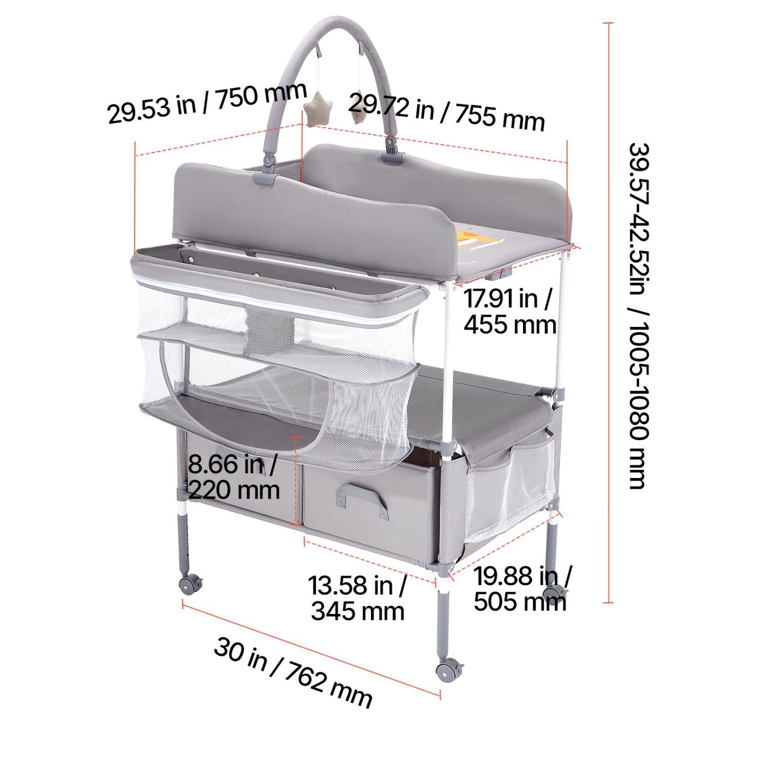 Table à langer à 2 tiroirs VEVOR, table à langer pliable, panier latéral et tige suspendue, table à langer à hauteur réglable avec roulettes