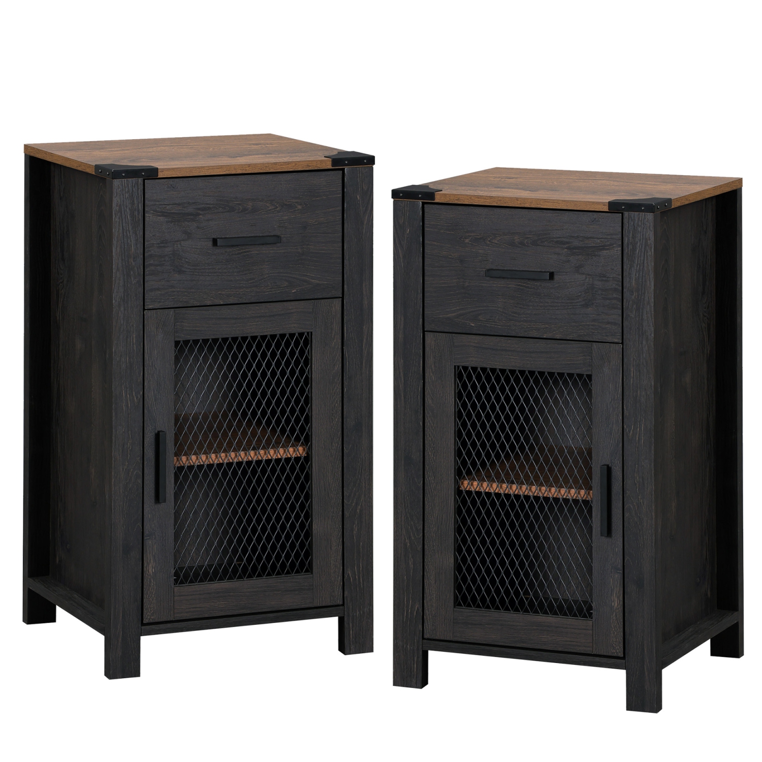 WAMPAT Set of 2 Farmhouse End Table with Drawer and Door Stroage, Sofa Side Bedside Table in Bedroom and Living Room, Dark Walnut and Black