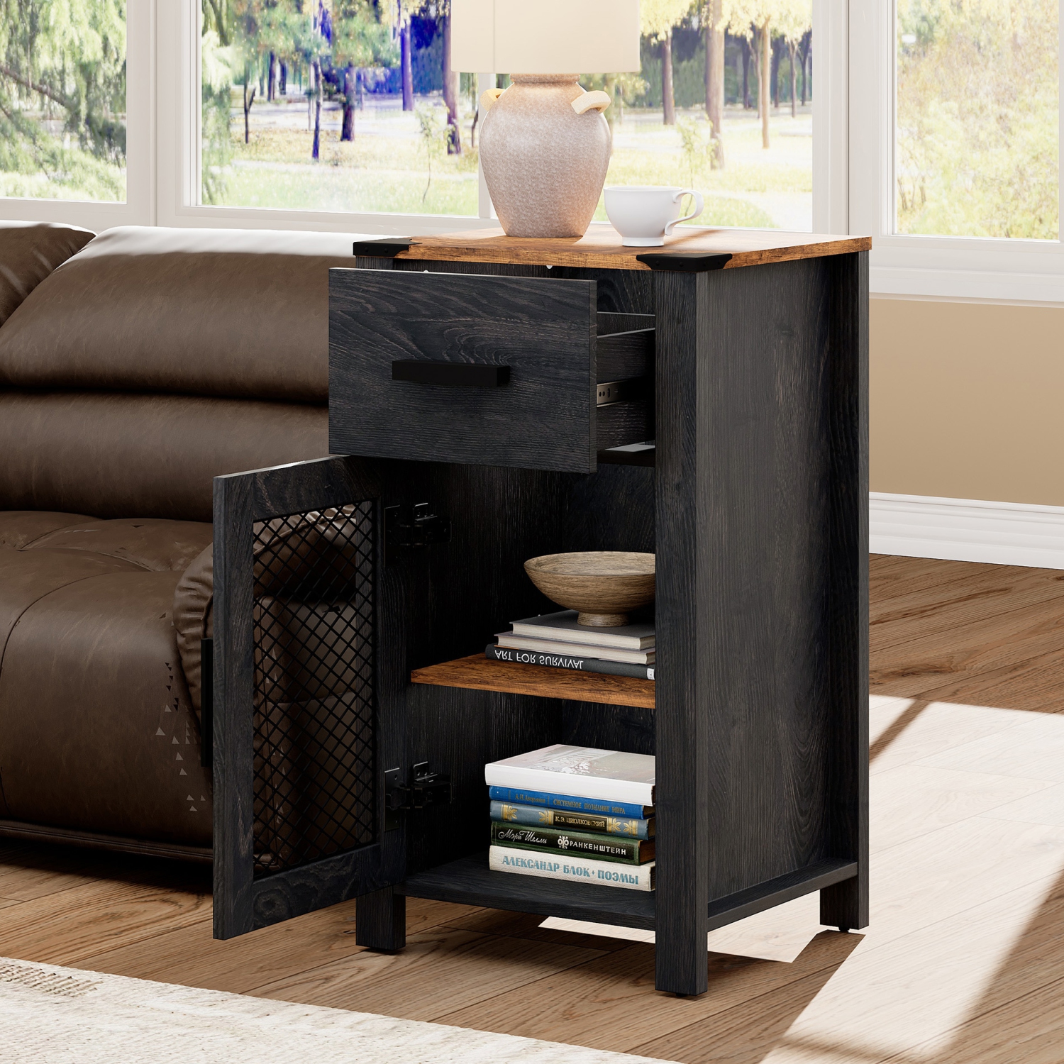 WAMPAT Set of 2 Farmhouse End Table with Drawer and Door Stroage, Sofa Side Bedside Table in Bedroom and Living Room, Dark Walnut and Black