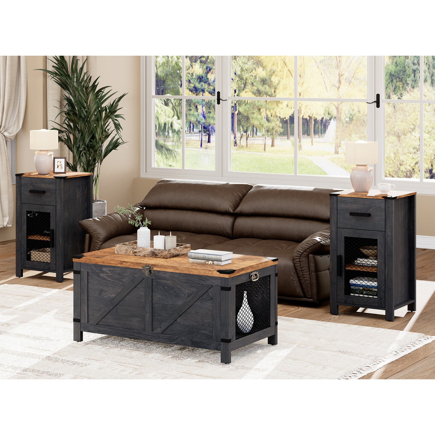 WAMPAT Set of 2 Farmhouse End Table with Drawer and Door Stroage, Sofa Side Bedside Table in Bedroom and Living Room, Dark Walnut and Black