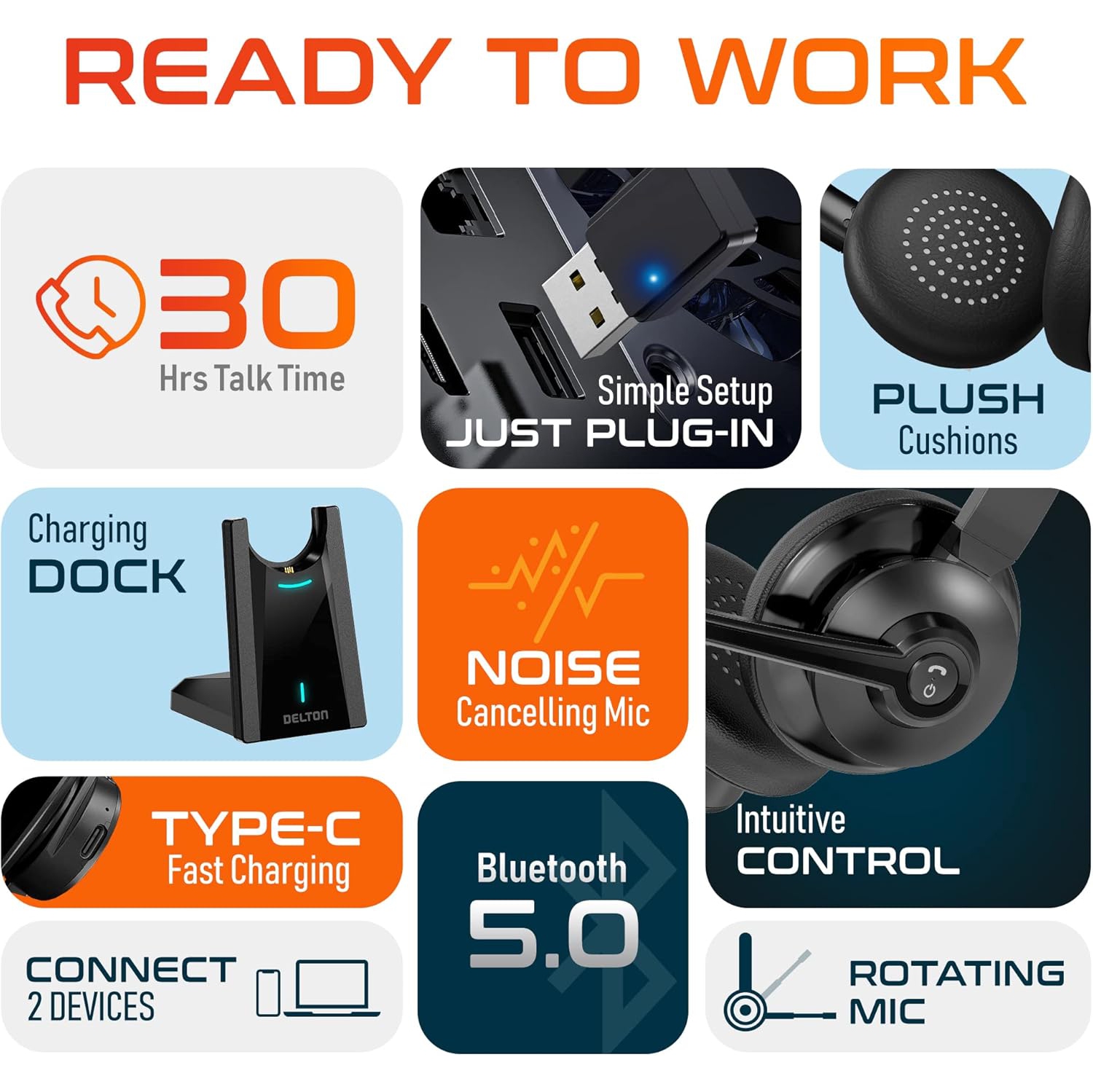 Casque Bluetooth 35X de Delton avec micro à suppression du bruit et station de chargement rapide - Noir