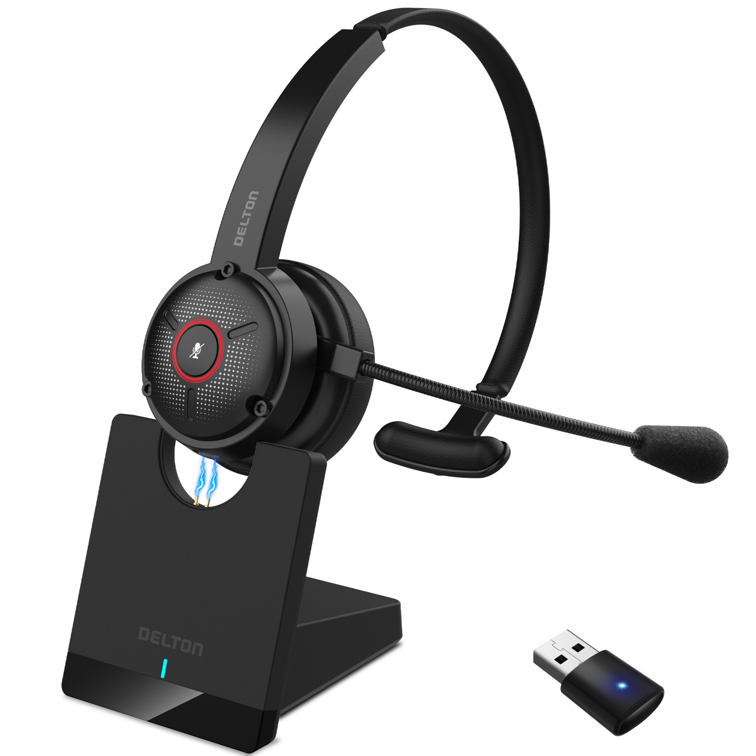 Casque d'écoute Bluetooth à suppression du bruit de Delton avec station de recharge et clé USB – Noir