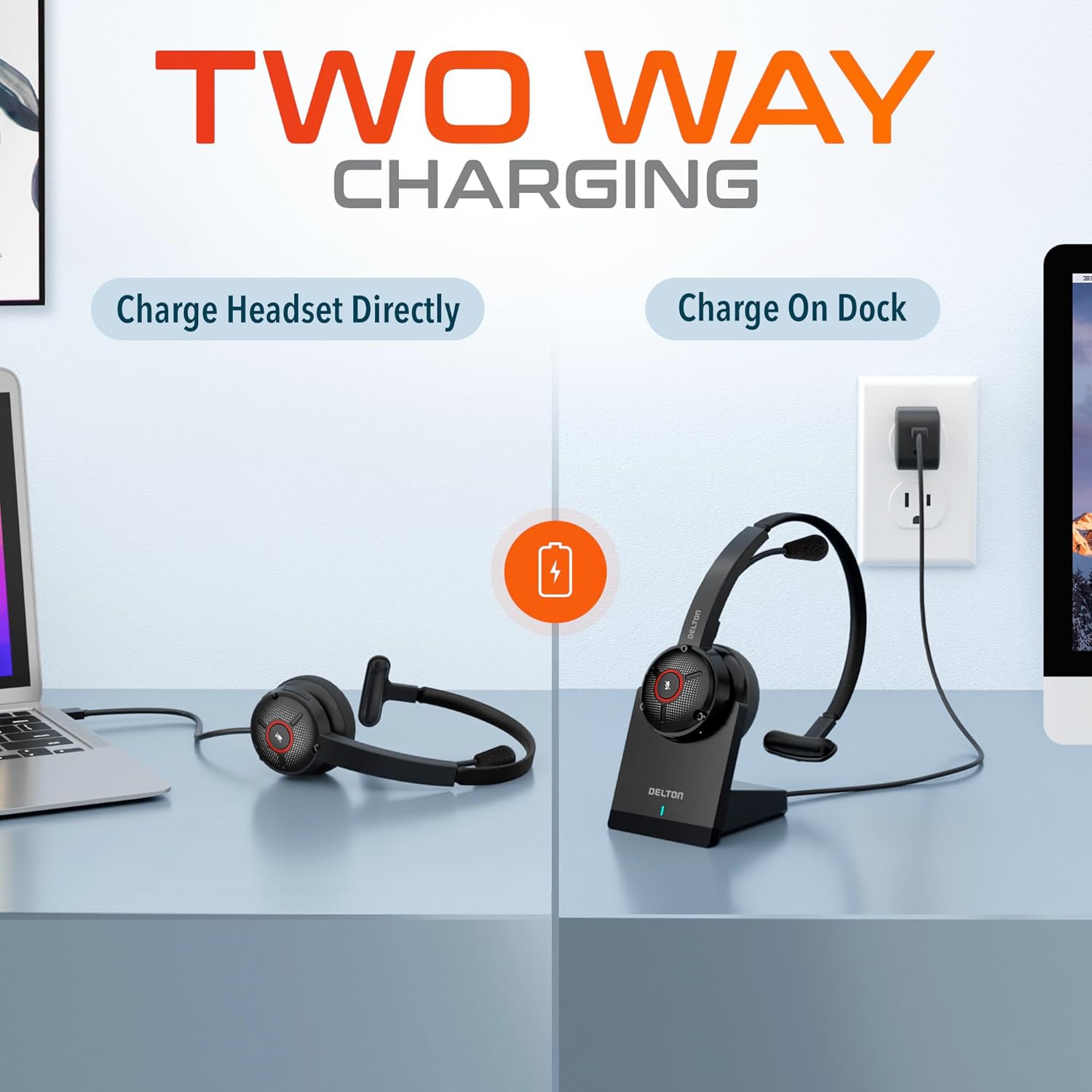 Casque d'écoute Bluetooth à suppression du bruit de Delton avec station de recharge et clé USB – Noir