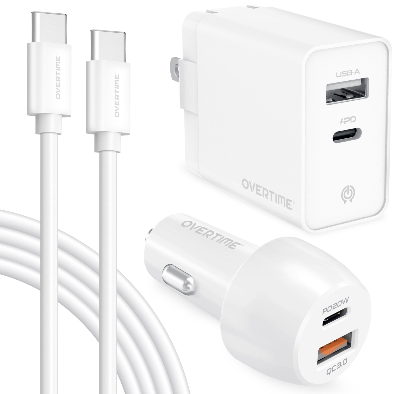 Overtime USB-C Wall & Car Charger Kit w/ 6ft Cable – White