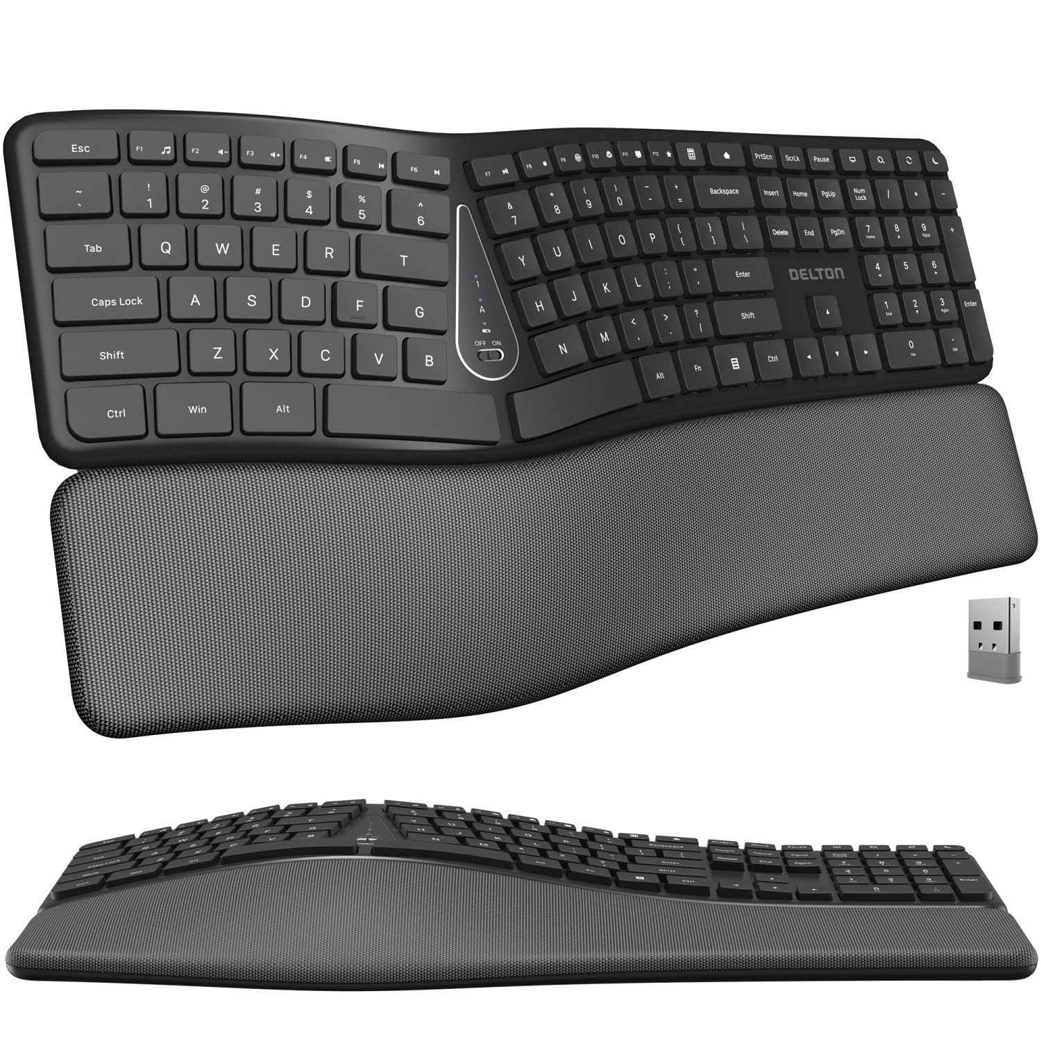 Delton KB250 Ergonomic Wireless Keyboard w/ USB Dongle & Wrist Rest – Black