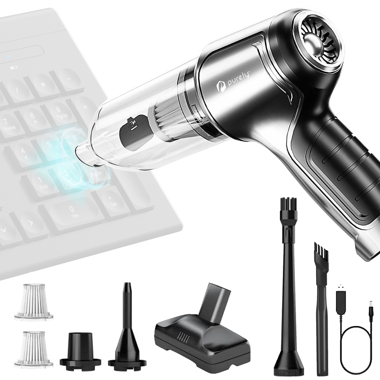 Purely C105 Rechargeable Air Duster & Vacuum Cleaner – Silver