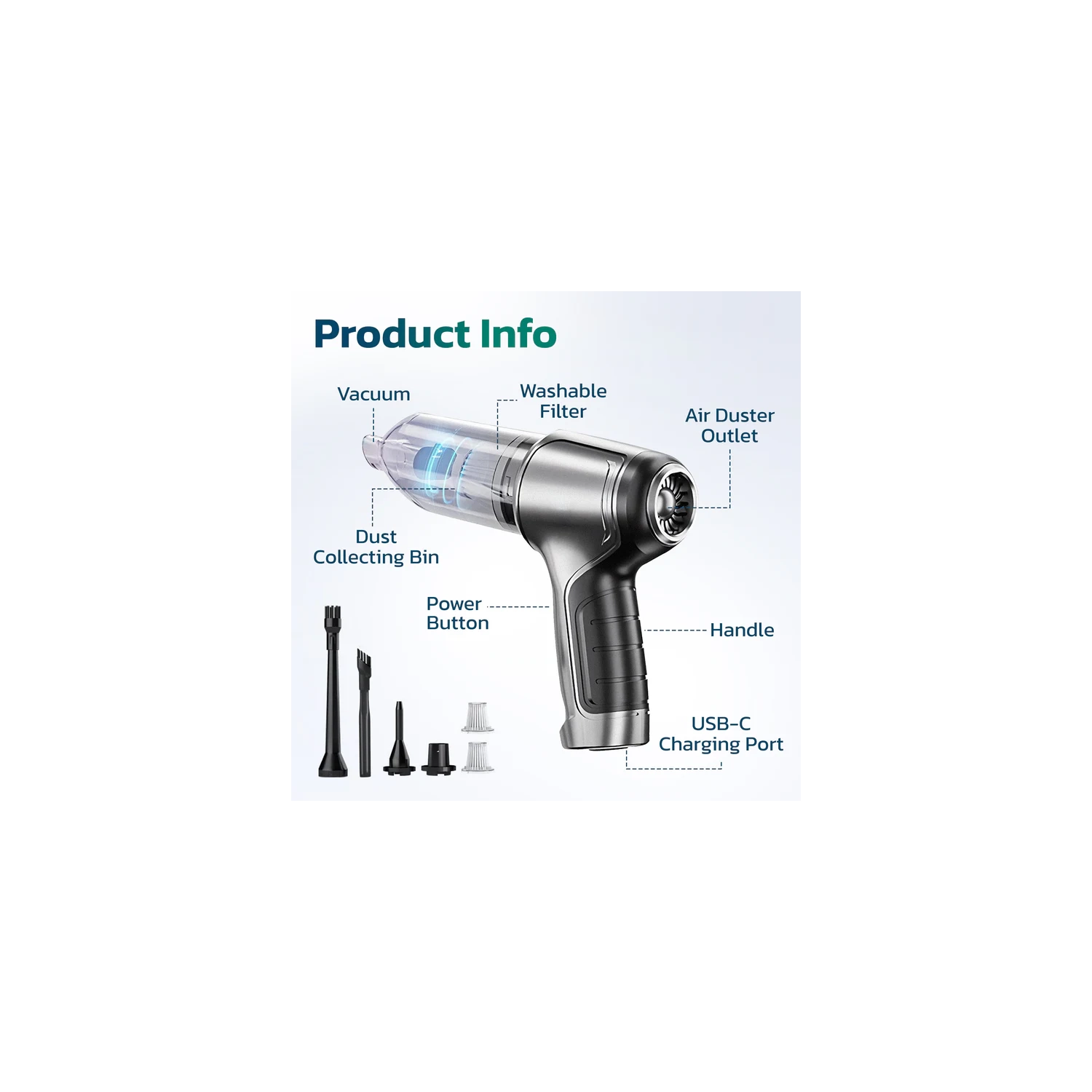 Purely C105 Rechargeable Air Duster & Vacuum Cleaner – Silver