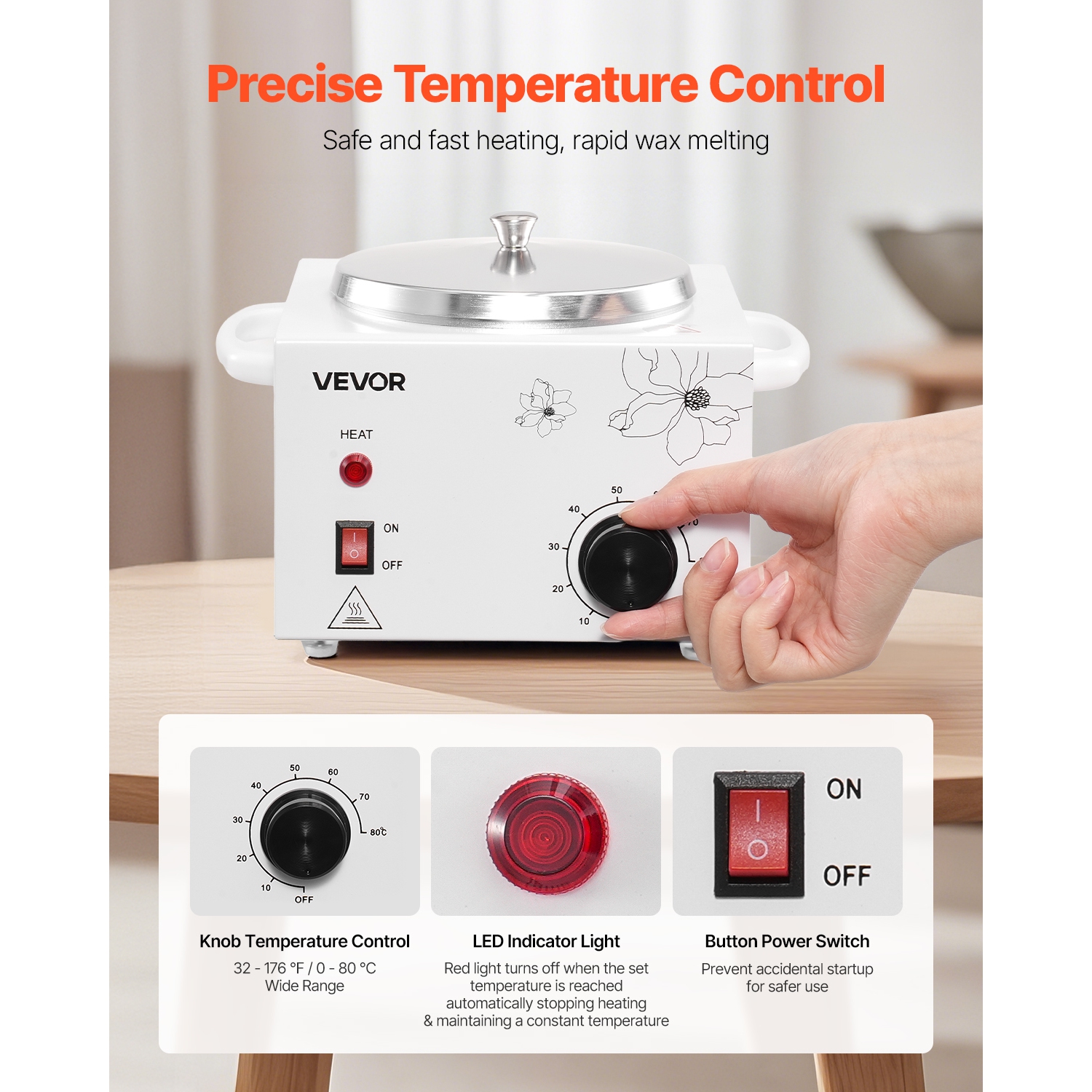 VEVOR 600ML Single Wax Warmer, Professional Wax Warmer for Hair Removal, 32 ℉ to 176℉ Adjustable Electric Waxing Heater Pot with 100PCS Waxing Sticks