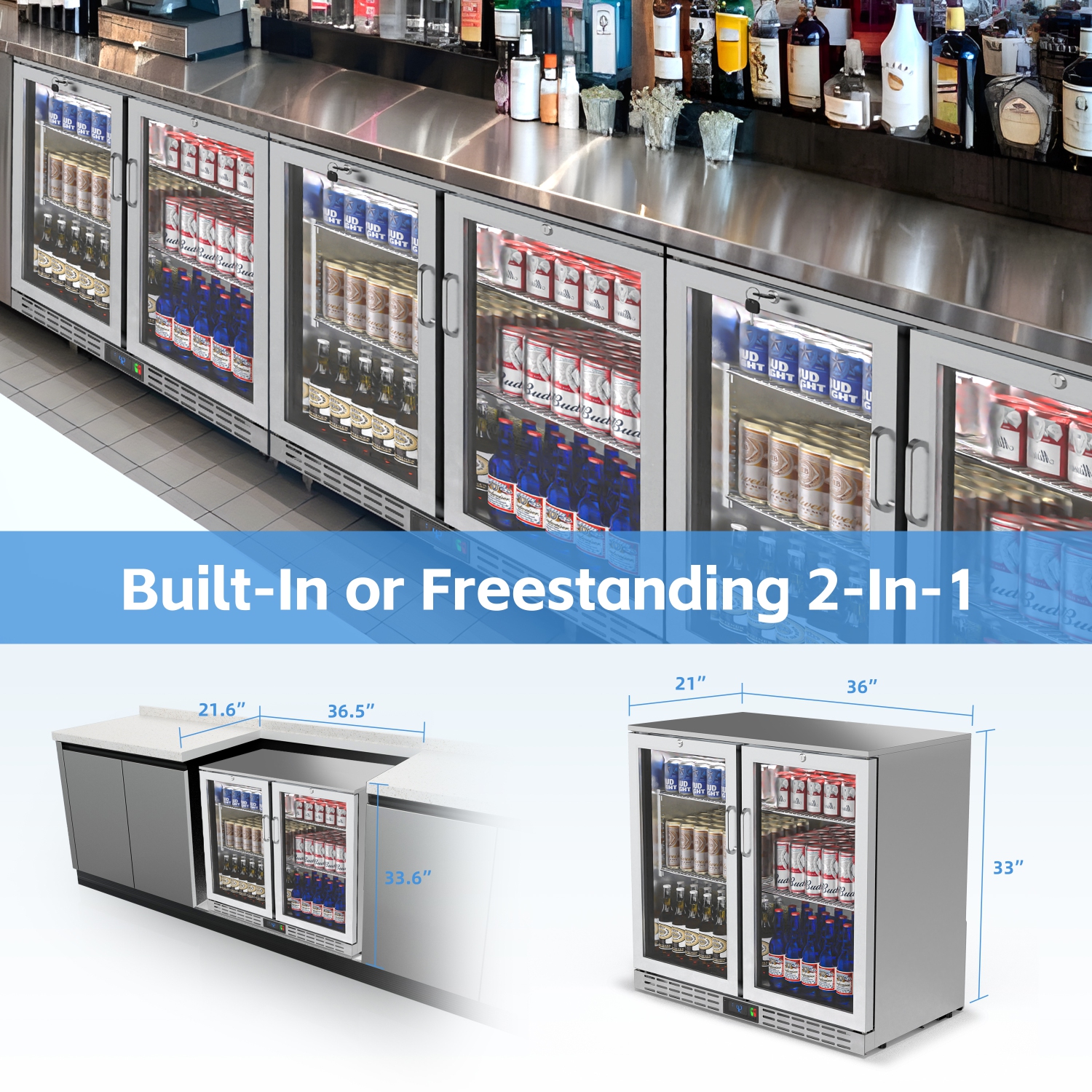 Coolak 36 inch 7.4 cu.ft Back Bar Cooler Commercial Under Counter Beverage Refrigerator-Freestanding/built in