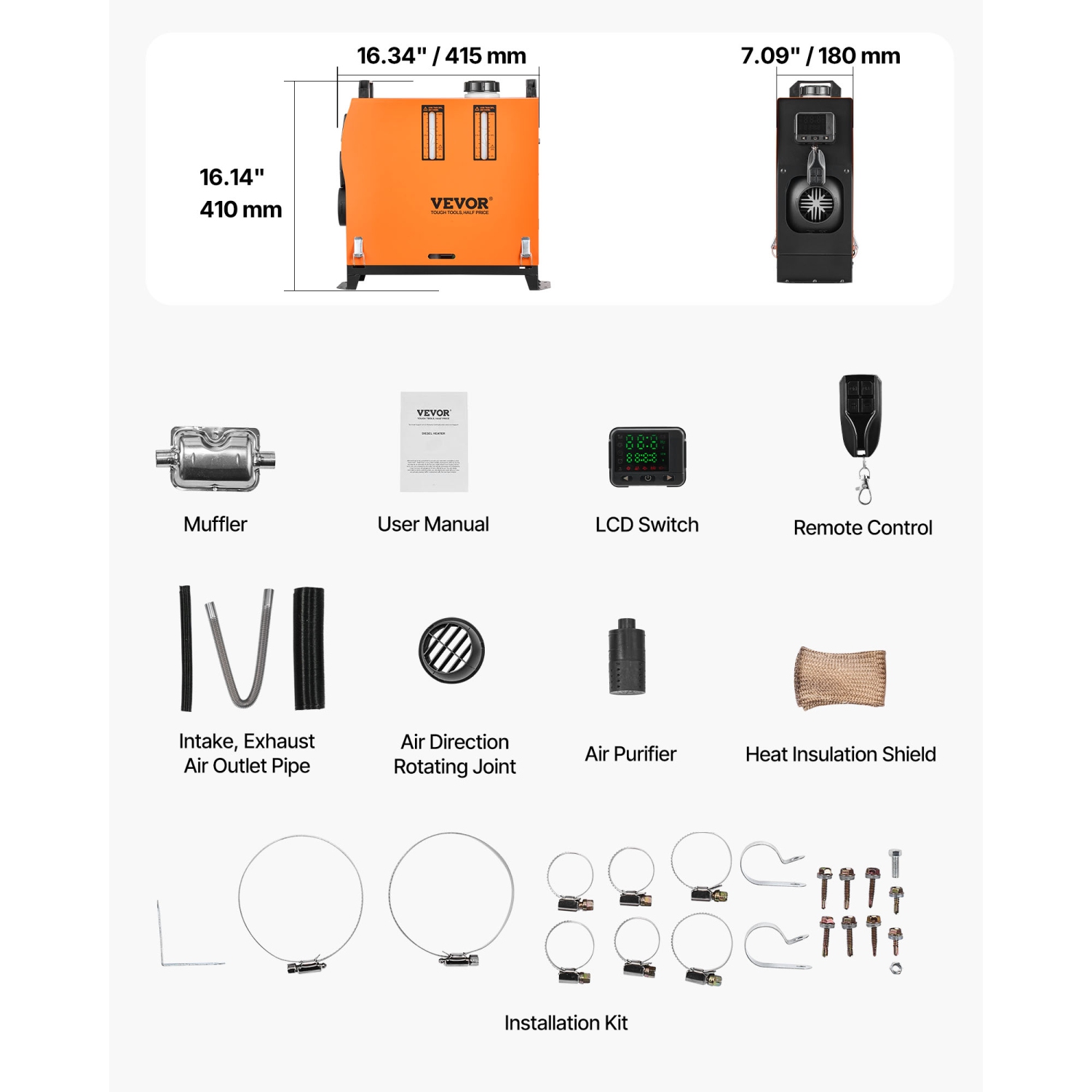 VEVOR 8 kW DC12-24V Diesel Air Heater, Fast Heating Diesel Parking Heater with Remote Control and Color Digital Display, Low Noise, Voice