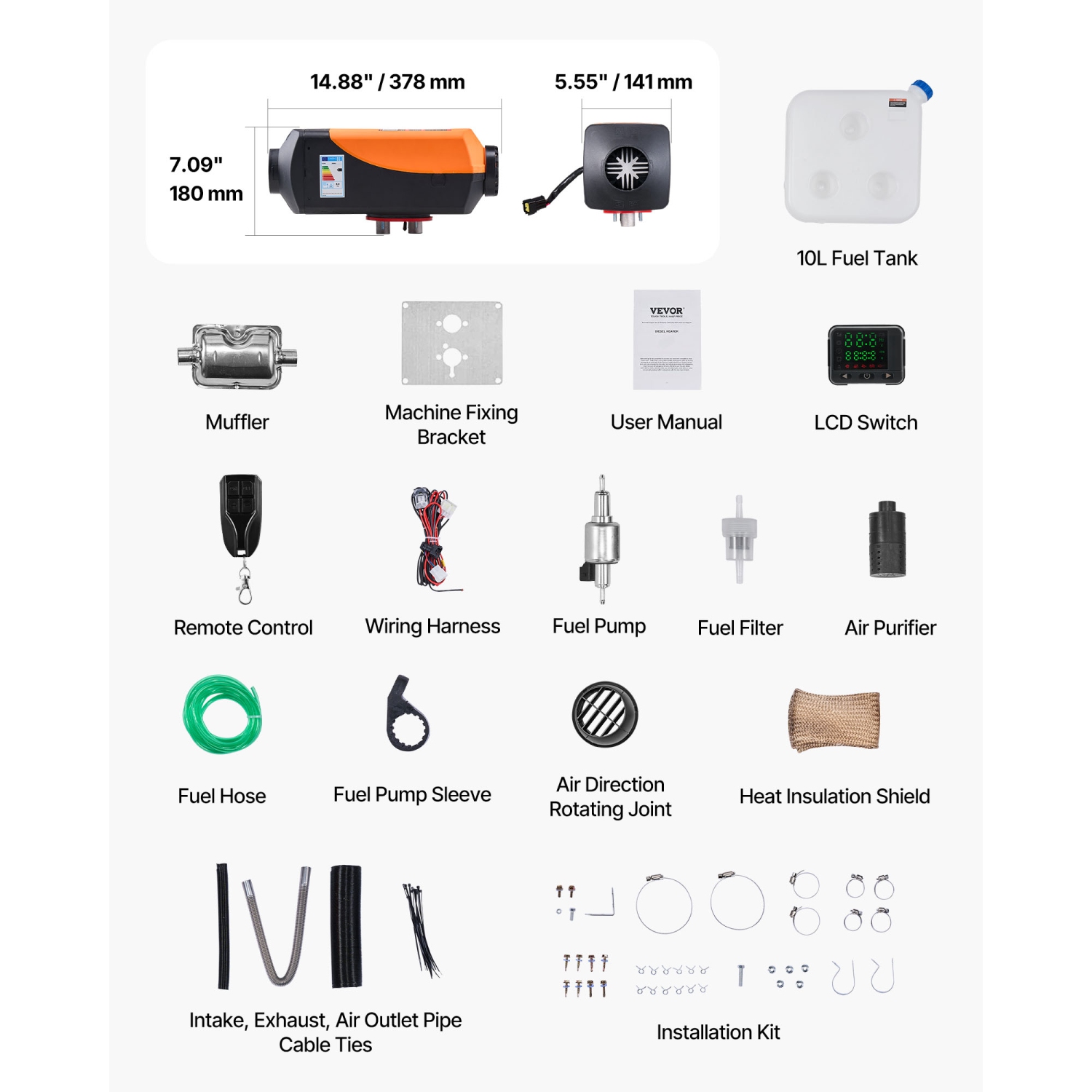 VEVOR 8 kW DC12-24V Diesel Air Heater, Fast Heating Diesel Parking Heater with Remote Control and Color Digital Display, 10L Fuel Tank, Low Noise,