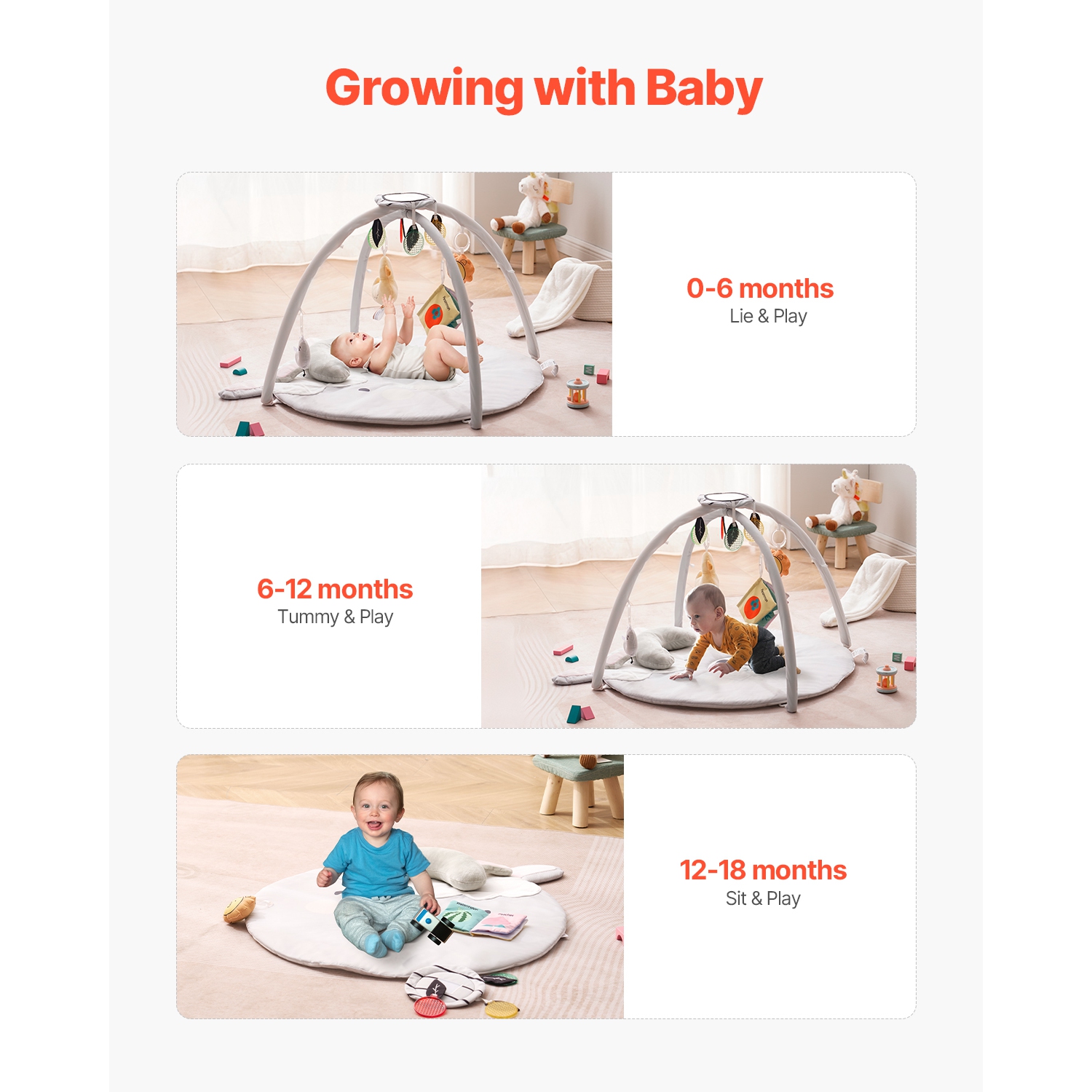 VEVOR 0-18 Months Baby Play Gym Mat, Tummy Time Mat with 5 Sensory Toys, Baby Activity Mat with Light-up Musical Duck Toy, Baby Essential Gift for