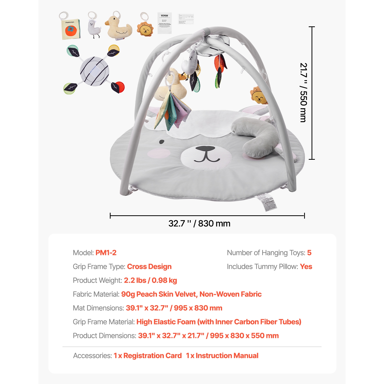 VEVOR 0-18 Months Baby Play Gym Mat, Tummy Time Mat with 5 Sensory Toys, Baby Activity Mat with Light-up Musical Duck Toy, Baby Essential Gift for