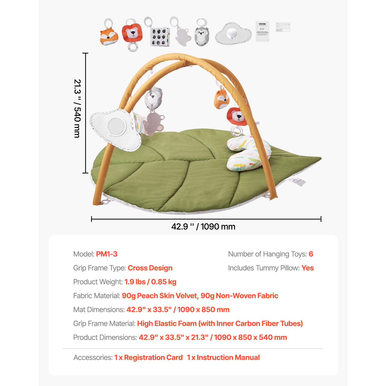 VEVOR 0-18 Months Baby Play Gym Mat, Baby Activity Mat with 6 Sensory Toys, Oversize Leaf-Shaped Tummy Time Mat, Baby Essential Gift for Motor Skills