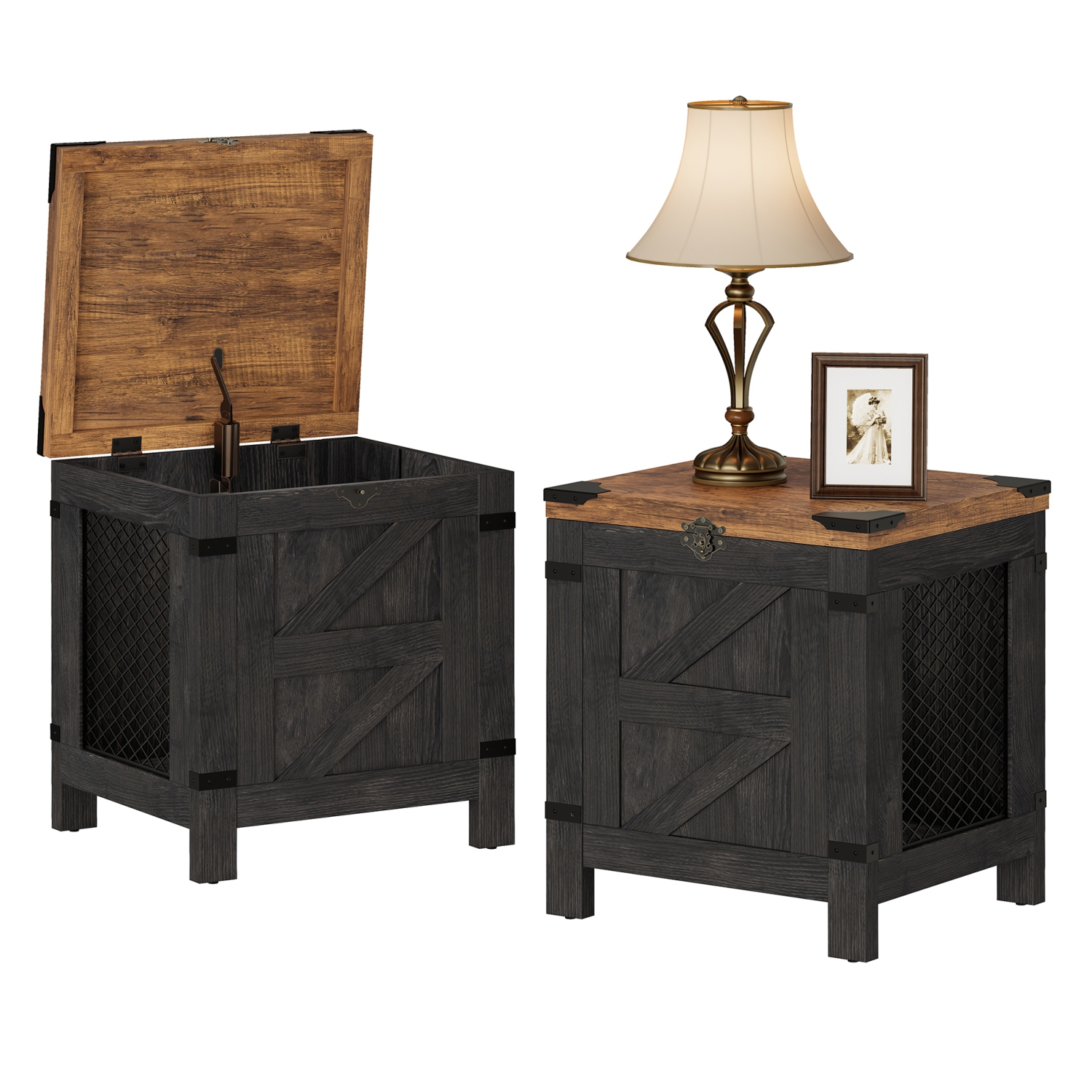 Table de bout à dessus relevable WAMPAT, ensemble de 2 tables de chevet avec verrou rustique et armoire de rangement pour petits espaces, table