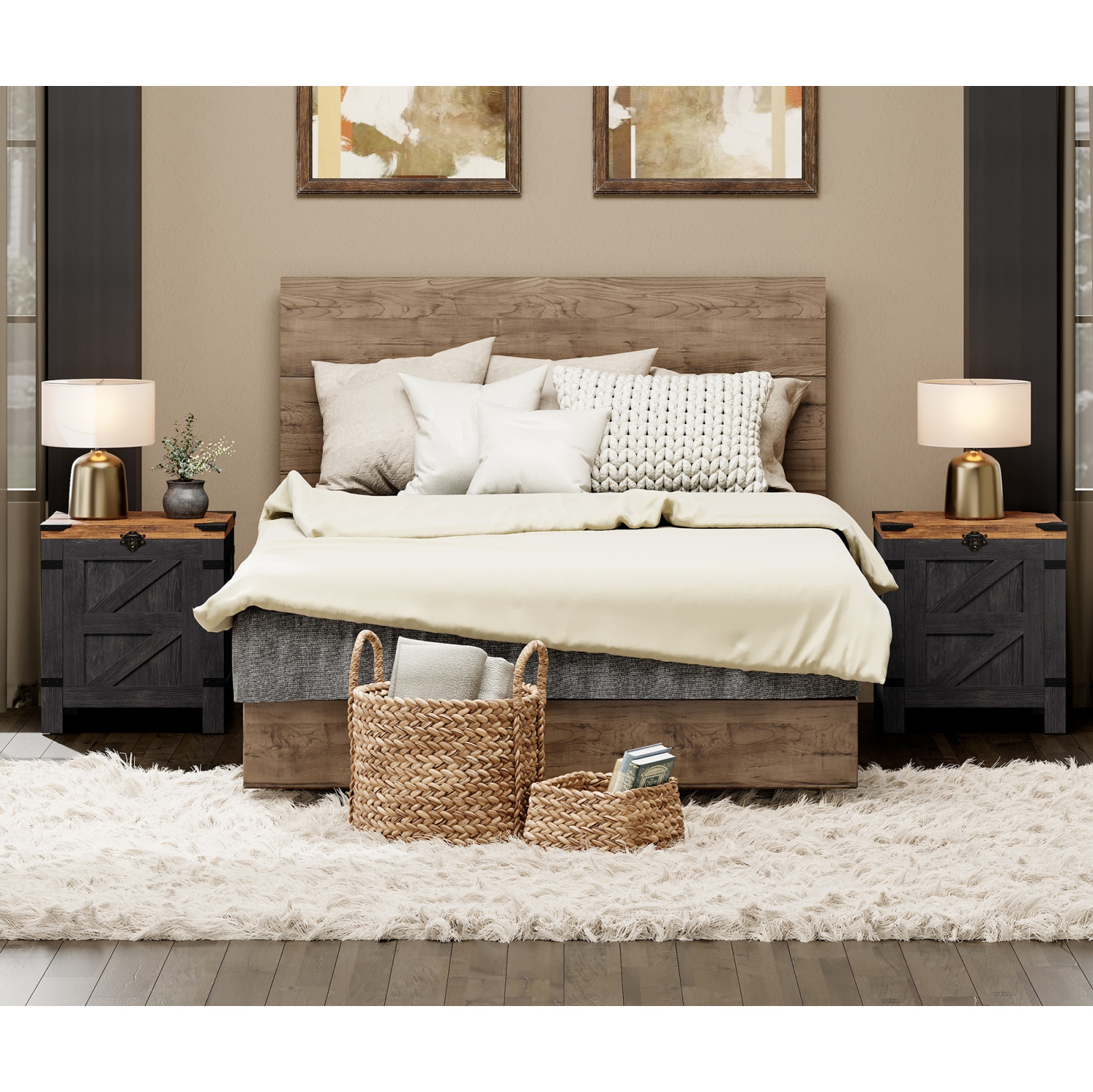 Table de bout à dessus relevable WAMPAT, ensemble de 2 tables de chevet avec verrou rustique et armoire de rangement pour petits espaces, table