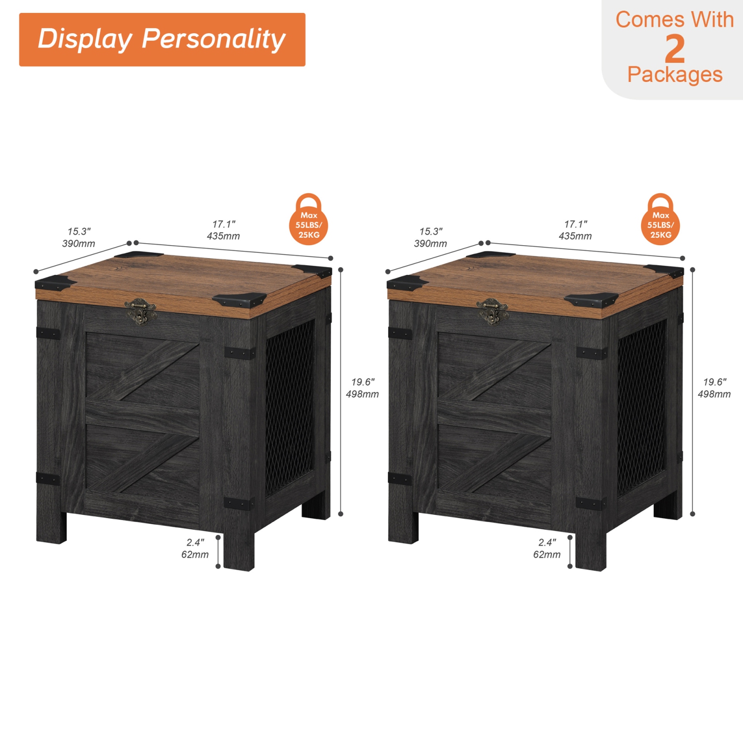 Table de bout à dessus relevable WAMPAT, ensemble de 2 tables de chevet avec verrou rustique et armoire de rangement pour petits espaces, table