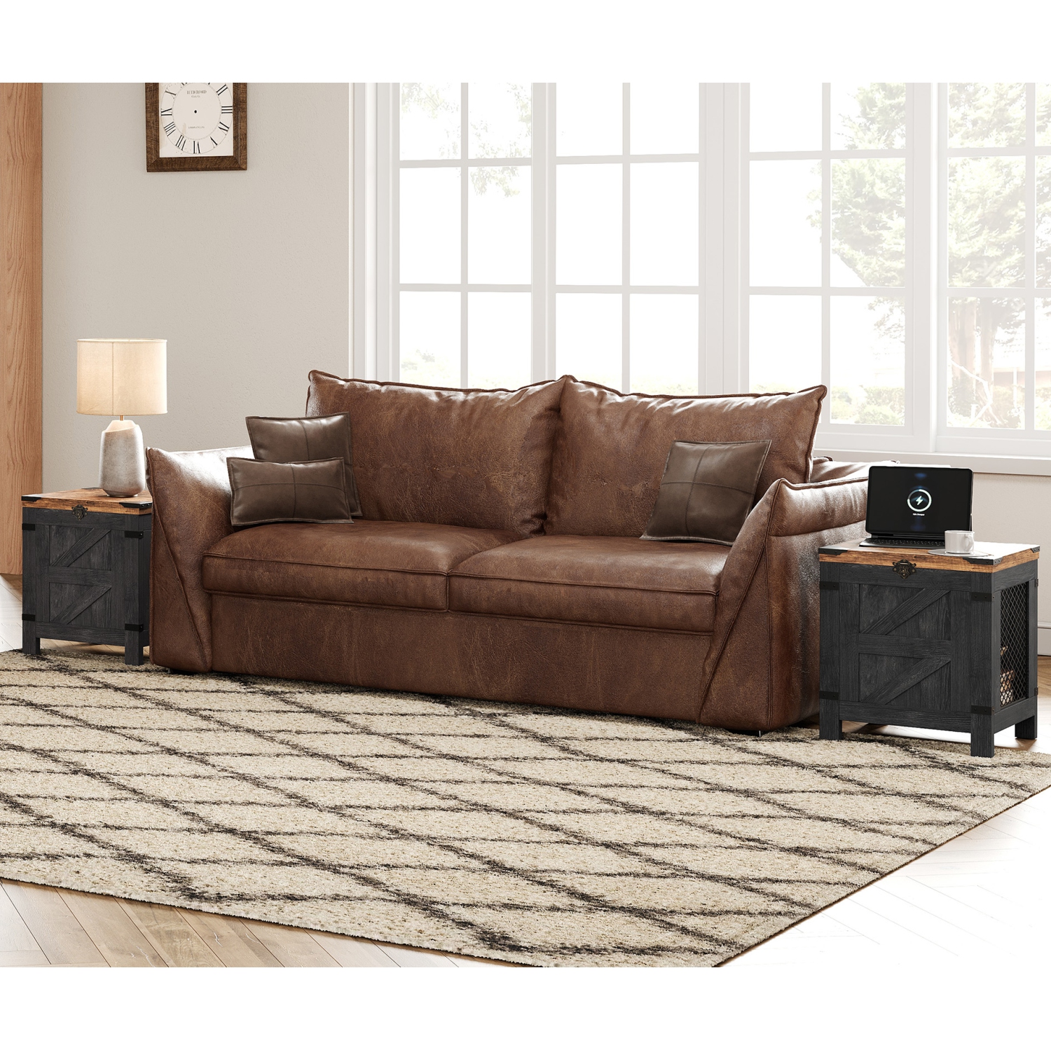 Table de bout à dessus relevable WAMPAT, ensemble de 2 tables de chevet avec verrou rustique et armoire de rangement pour petits espaces, table