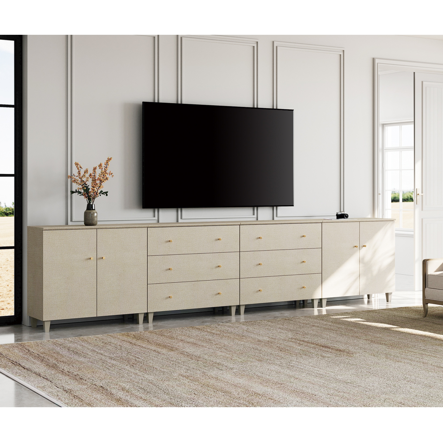 WAMPAT TV Stand for 110+ Inch TVs, 4-in-1 Modern Entertainment Center with 4 Doors and 6 Drawers, 142" Wooden Media Console Table with Compartments