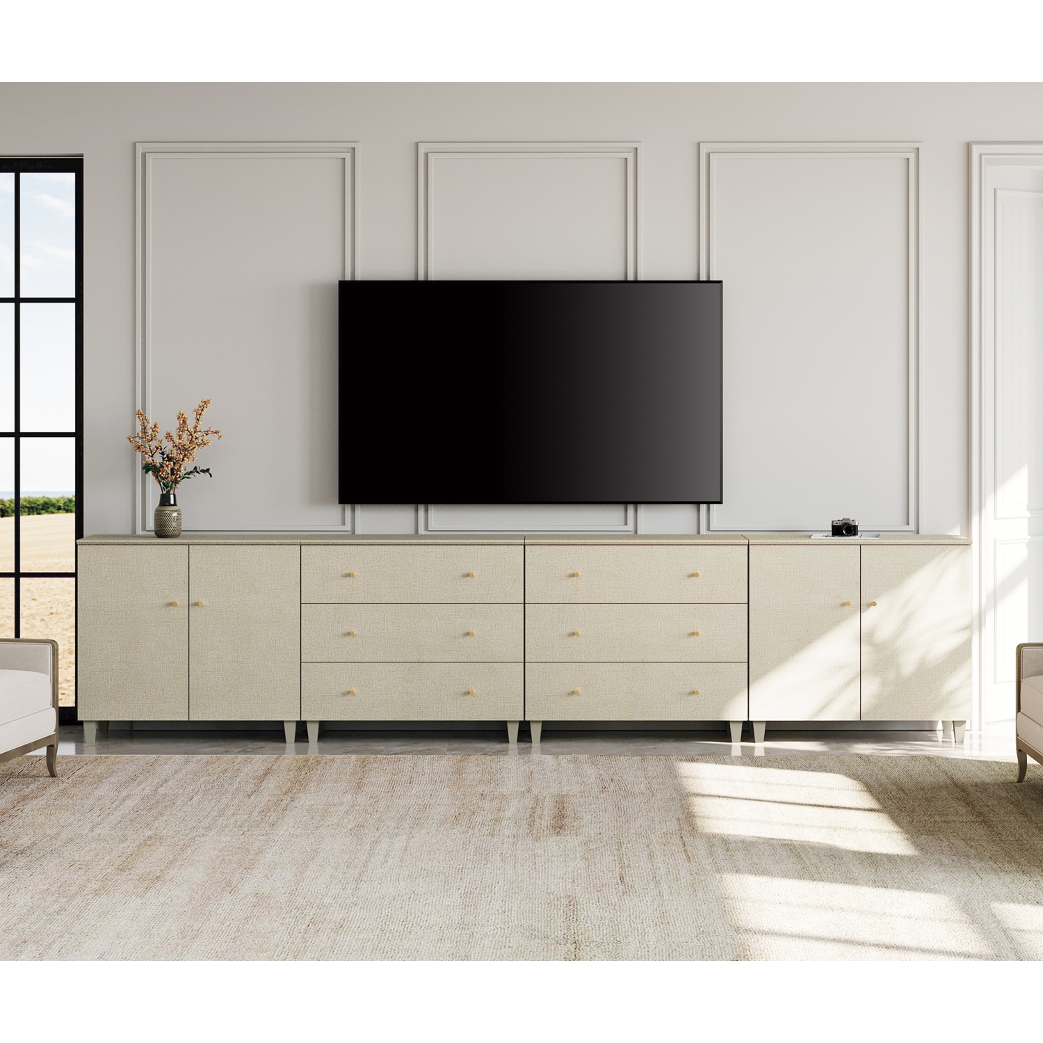 WAMPAT TV Stand for 110+ Inch TVs, 4-in-1 Modern Entertainment Center with 4 Doors and 6 Drawers, 142" Wooden Media Console Table with Compartments