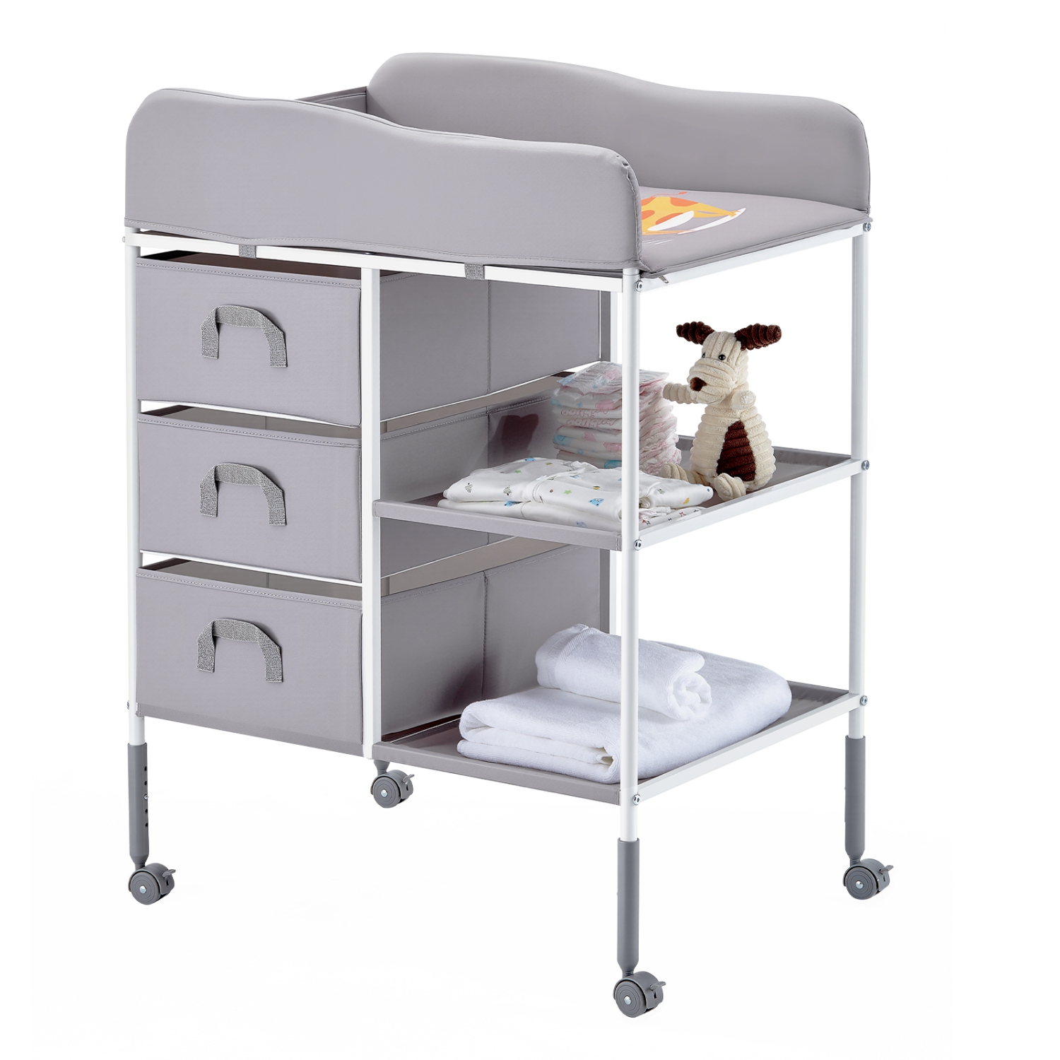 VEVOR 3 Fabric Drawers Baby Changing Table,Portable Diaper Change Station with Lockable Wheels,Adjustable Height Multi-Functional Changing Station