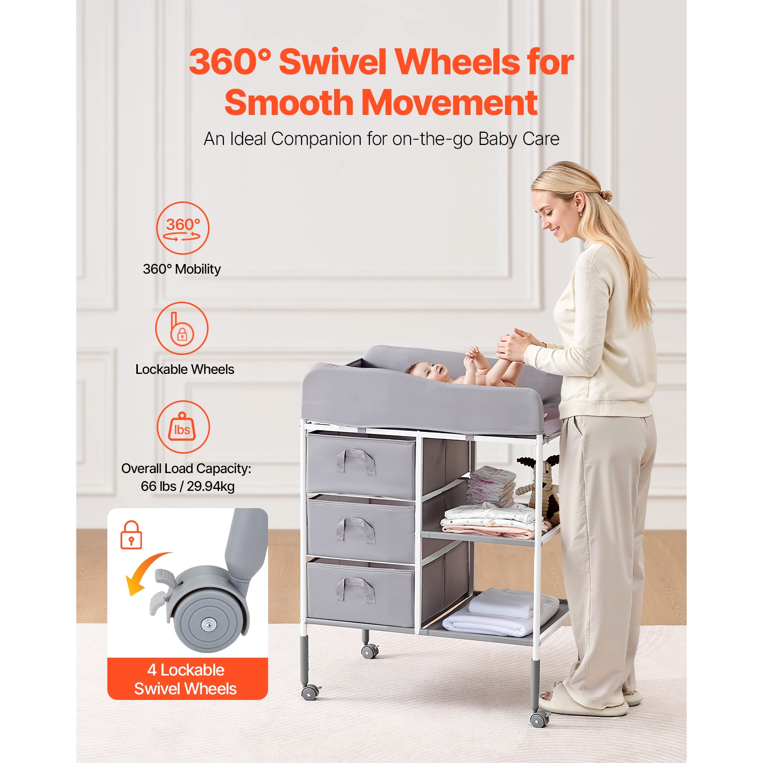 VEVOR 3 Fabric Drawers Baby Changing Table,Portable Diaper Change Station with Lockable Wheels,Adjustable Height Multi-Functional Changing Station