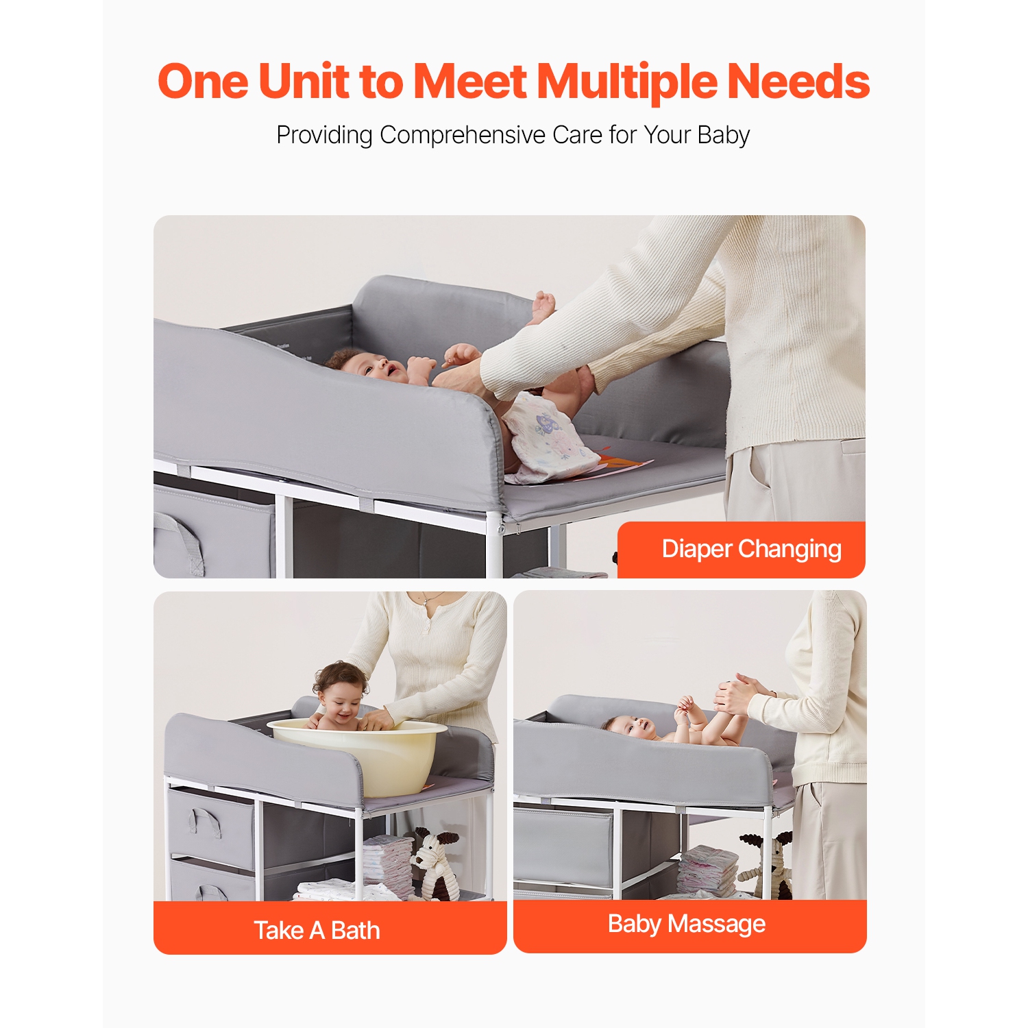 VEVOR 3 Fabric Drawers Baby Changing Table,Portable Diaper Change Station with Lockable Wheels,Adjustable Height Multi-Functional Changing Station