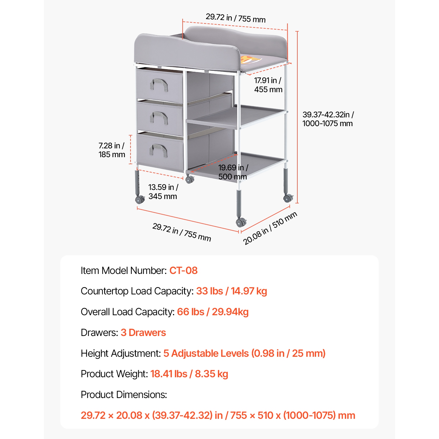 VEVOR 3 Fabric Drawers Baby Changing Table,Portable Diaper Change Station with Lockable Wheels,Adjustable Height Multi-Functional Changing Station