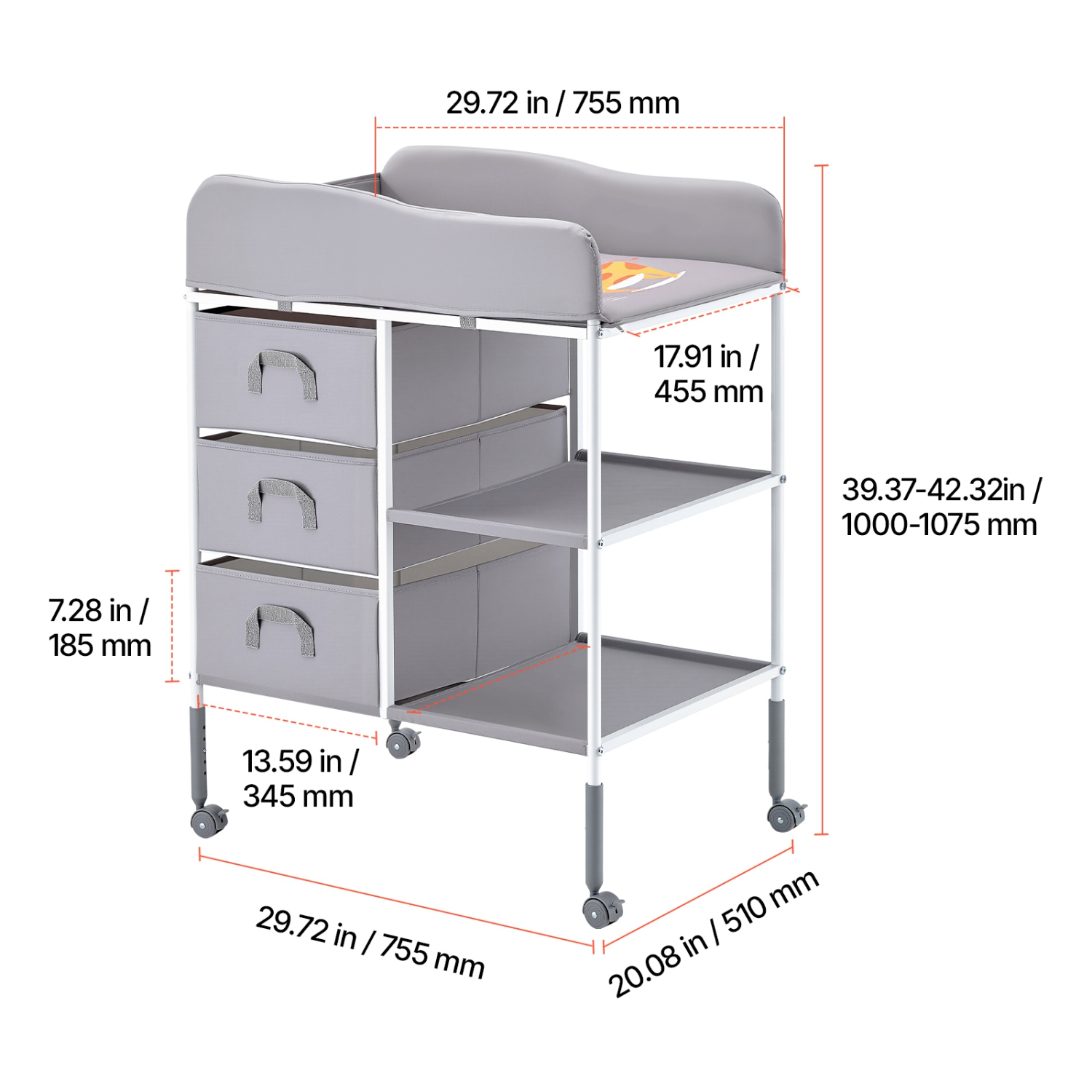 VEVOR 3 Fabric Drawers Baby Changing Table,Portable Diaper Change Station with Lockable Wheels,Adjustable Height Multi-Functional Changing Station