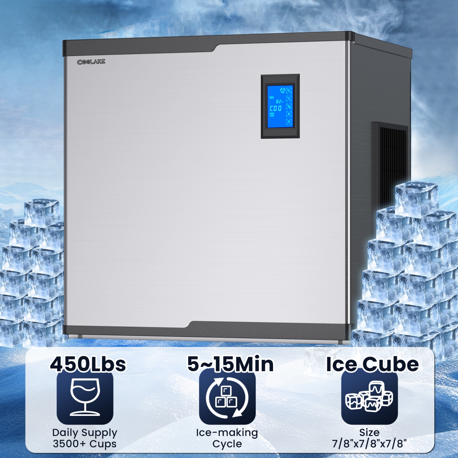 Coolake 22 Inch Commercial Ice Maker Machine 450lbs/24H, Full Cube Air Cooled Stainless Steel Freestanding Ice Machine for Restaurant Church Hotel,