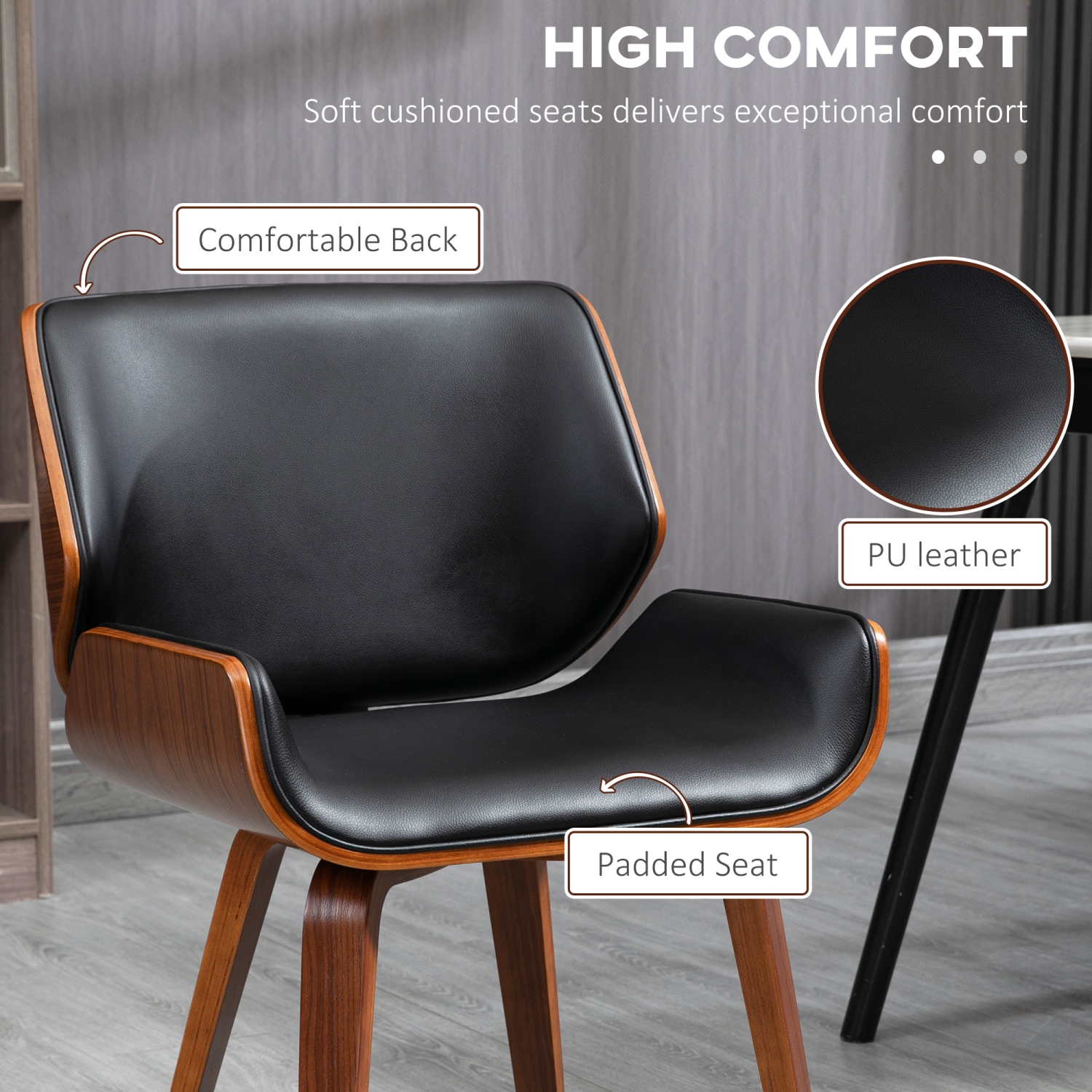 Ensemble de 2 chaises de salle à manger de HOMCOM, chaises de cuisine rétro en cuir PU avec sièges rembourrés et pattes en bois massif pour salon,