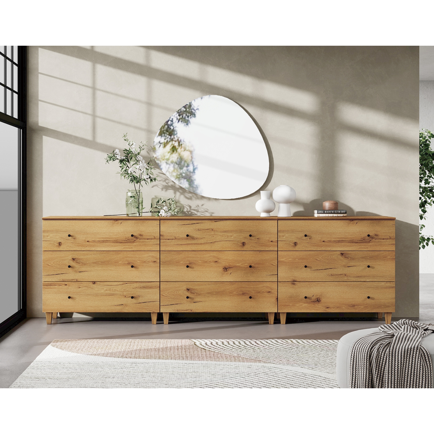 Commode WAMPAT pour chambre à coucher avec 9 tiroirs, coffre de rangement large de 106,2&nbsp;po, range-tout moderne pour armoires en bois, commode