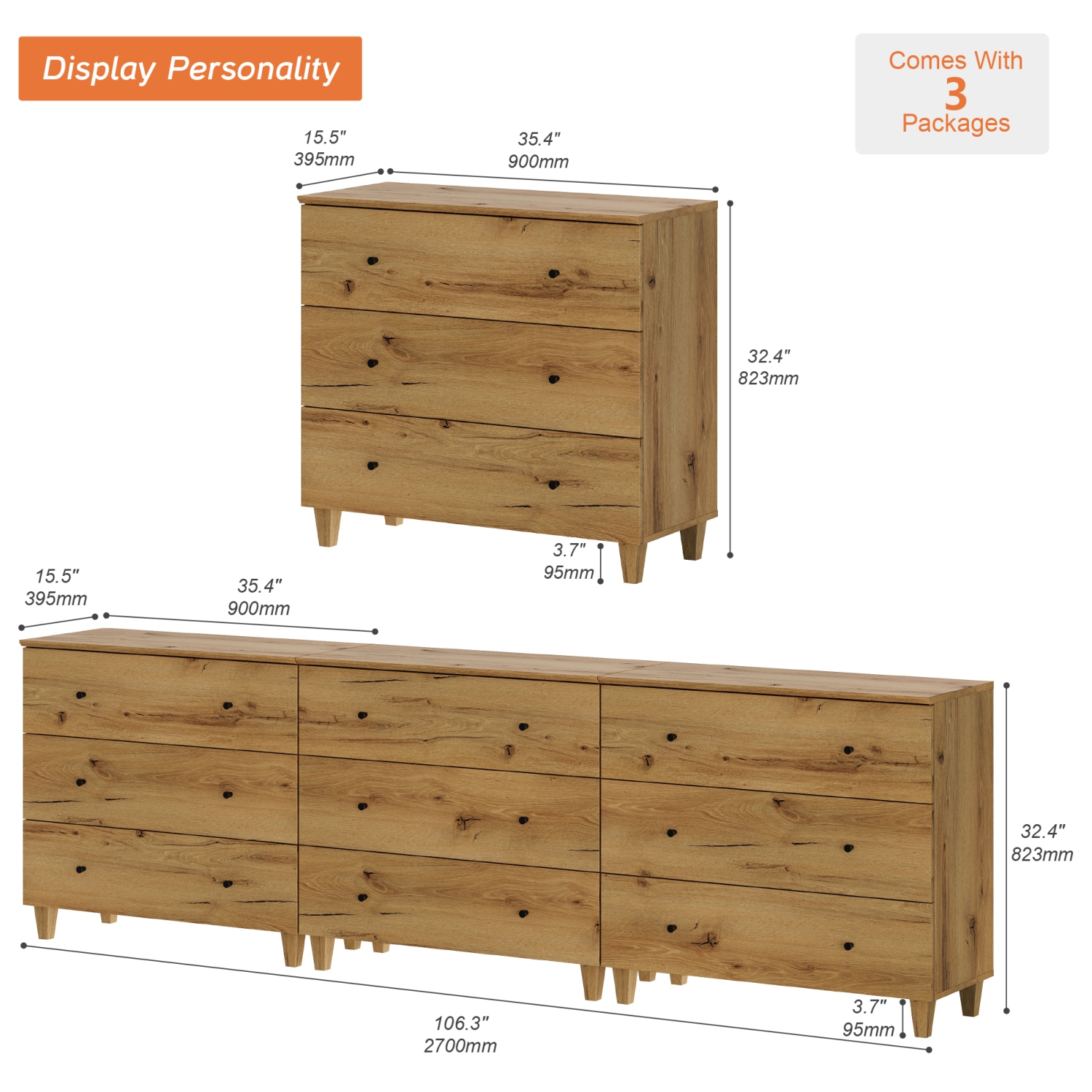 Commode WAMPAT pour chambre à coucher avec 9 tiroirs, coffre de rangement large de 106,2&nbsp;po, range-tout moderne pour armoires en bois, commode